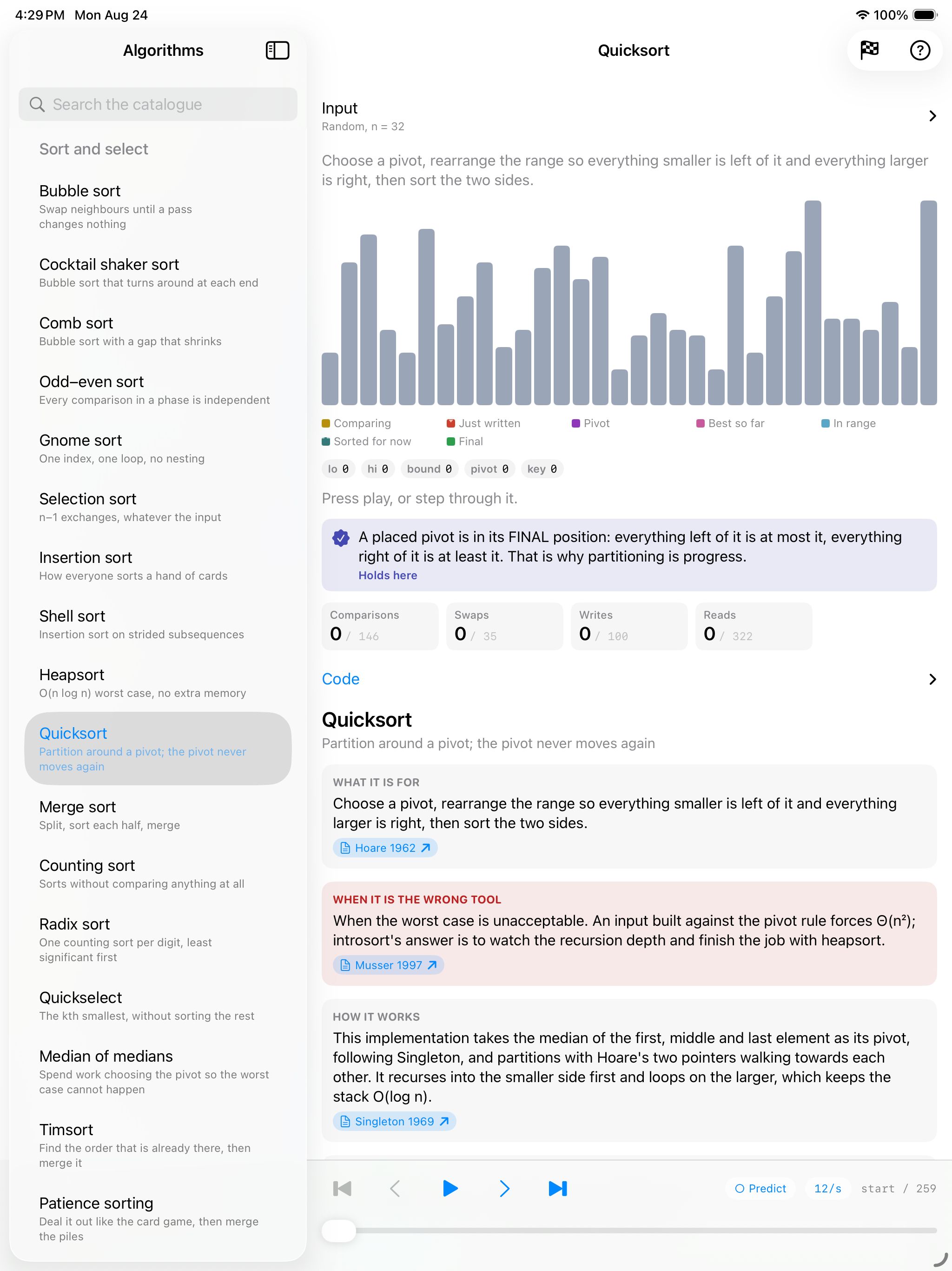 Quicksort on iPad &mdash; the catalogue sidebar lists bubble, cocktail shaker, comb, odd&ndash;even, gnome, selection, insertion, shell, heapsort, quicksort, merge, counting, radix, quickselect, median of medians, Timsort and patience sorting, while the centre column runs the bars beside live counters for comparisons, swaps, writes and reads and a Code section citing Hoare 1962, Musser 1997 and Singleton 1969