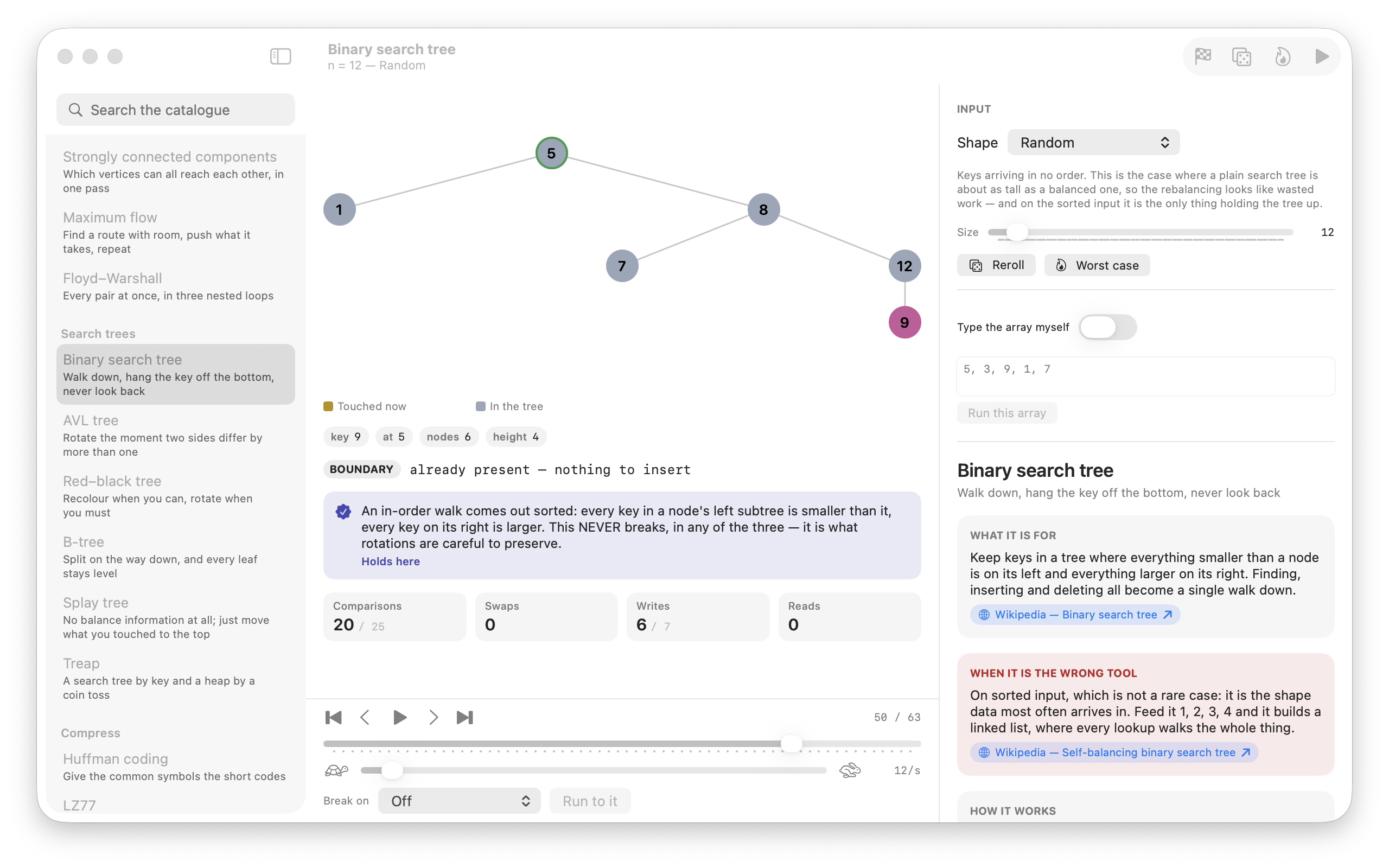 A binary search tree run showing the catalog of procedures, the tree drawn node by node, the in-order invariant, a boundary case where the key is already present, counters, playback controls, and the cited explanation