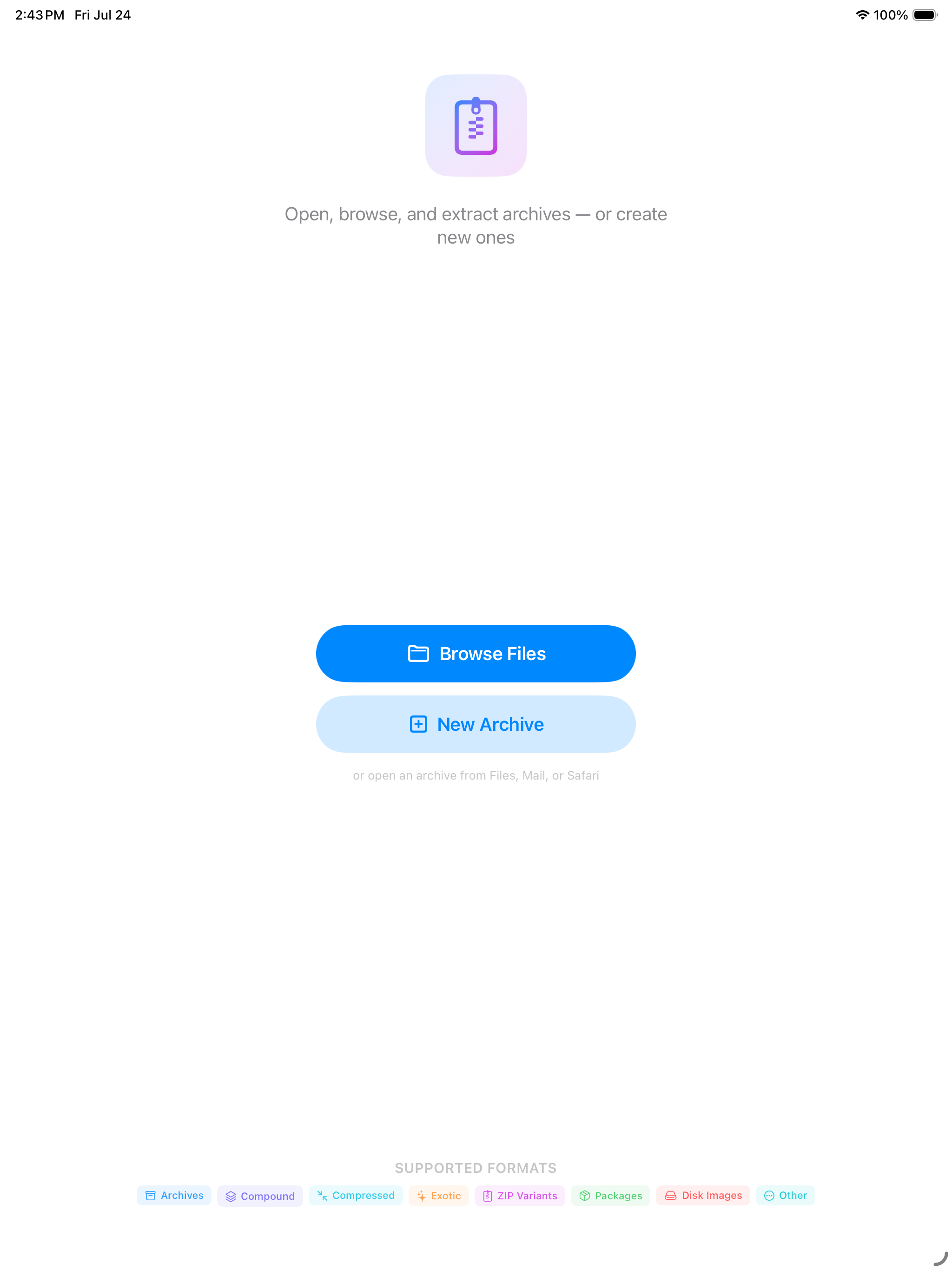 The iPad welcome screen &mdash; &lsquo;Open, browse, and extract archives &mdash; or create new ones&rsquo; over Browse Files and New Archive, with the supported formats tagged as archives, compound, compressed, exotic, ZIP variants, packages, disk images and other