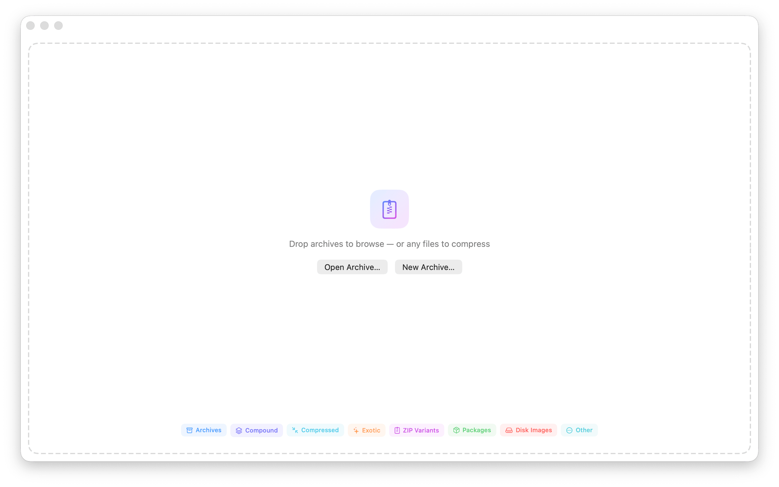 The Mac app&rsquo;s opening screen: a large dashed drop zone with the app&rsquo;s clipboard-and-zipper icon in the center, the prompt &ldquo;Drop archives to browse &mdash; or any files to compress&rdquo;, Open Archive and New Archive buttons, and a row of format-category chips along the bottom &mdash; Archives, Compound, Compressed, Exotic, ZIP Variants, Packages, Disk Images, Other