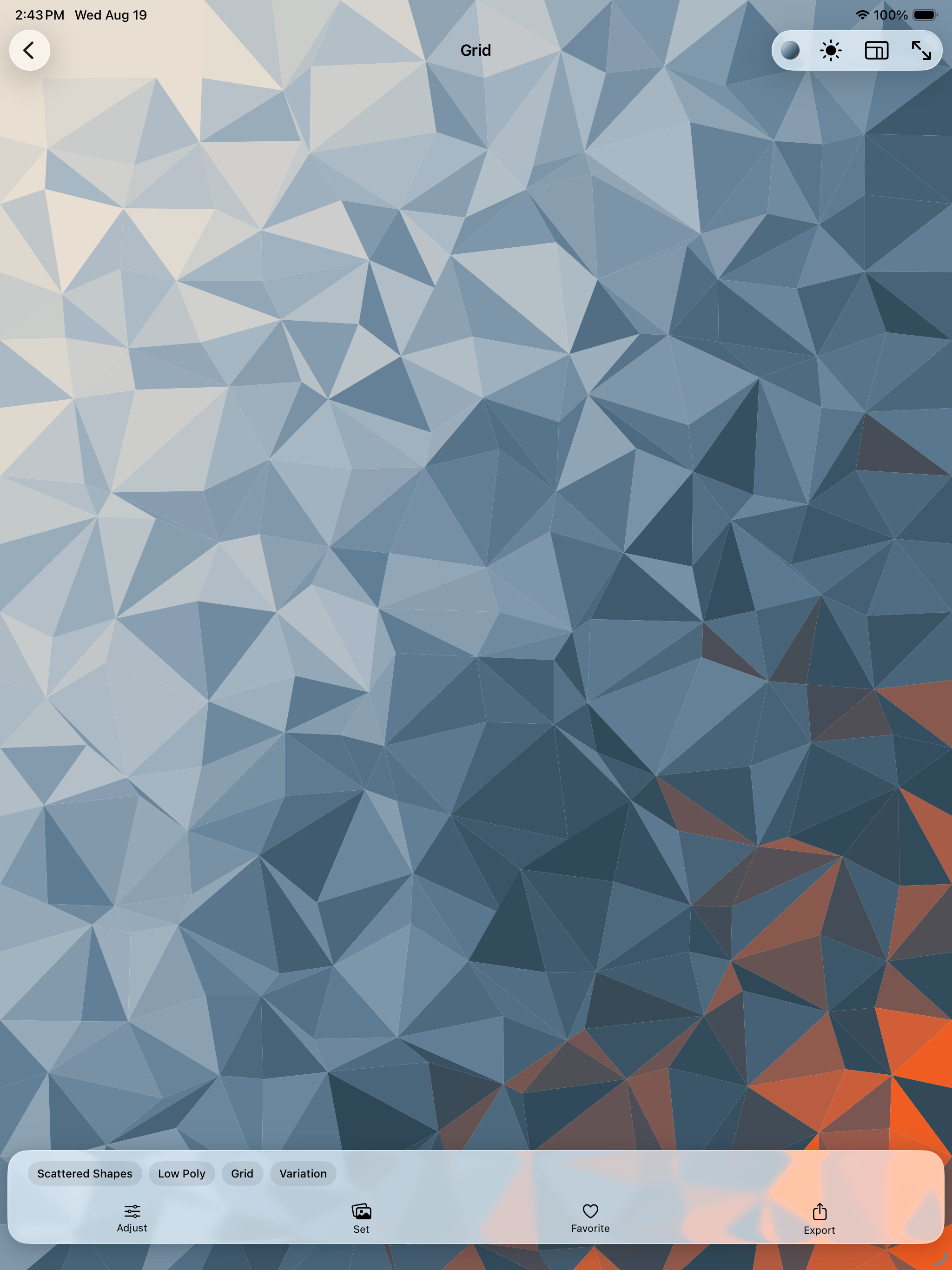 A rendered Grid design on iPad &mdash; a low-poly triangle field running from cream through slate blue to a burst of orange in the lower corner, shown full-bleed with Scattered Shapes, Low Poly, Grid and Variation chips over a toolbar of Adjust, Set, Favorite and Export