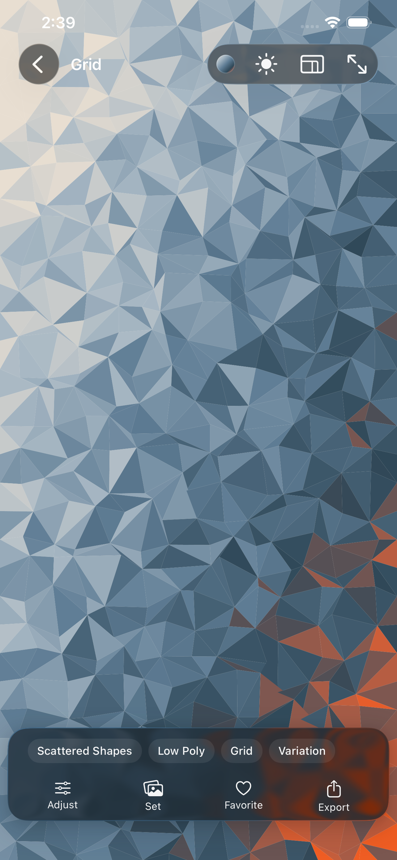 A rendered Grid design on iPhone &mdash; a low-poly triangle field running from cream through slate blue to a burst of orange in the corner, filling the screen, with Scattered Shapes, Low Poly, Grid and Variation chips over a toolbar of Adjust, Set, Favorite and Export