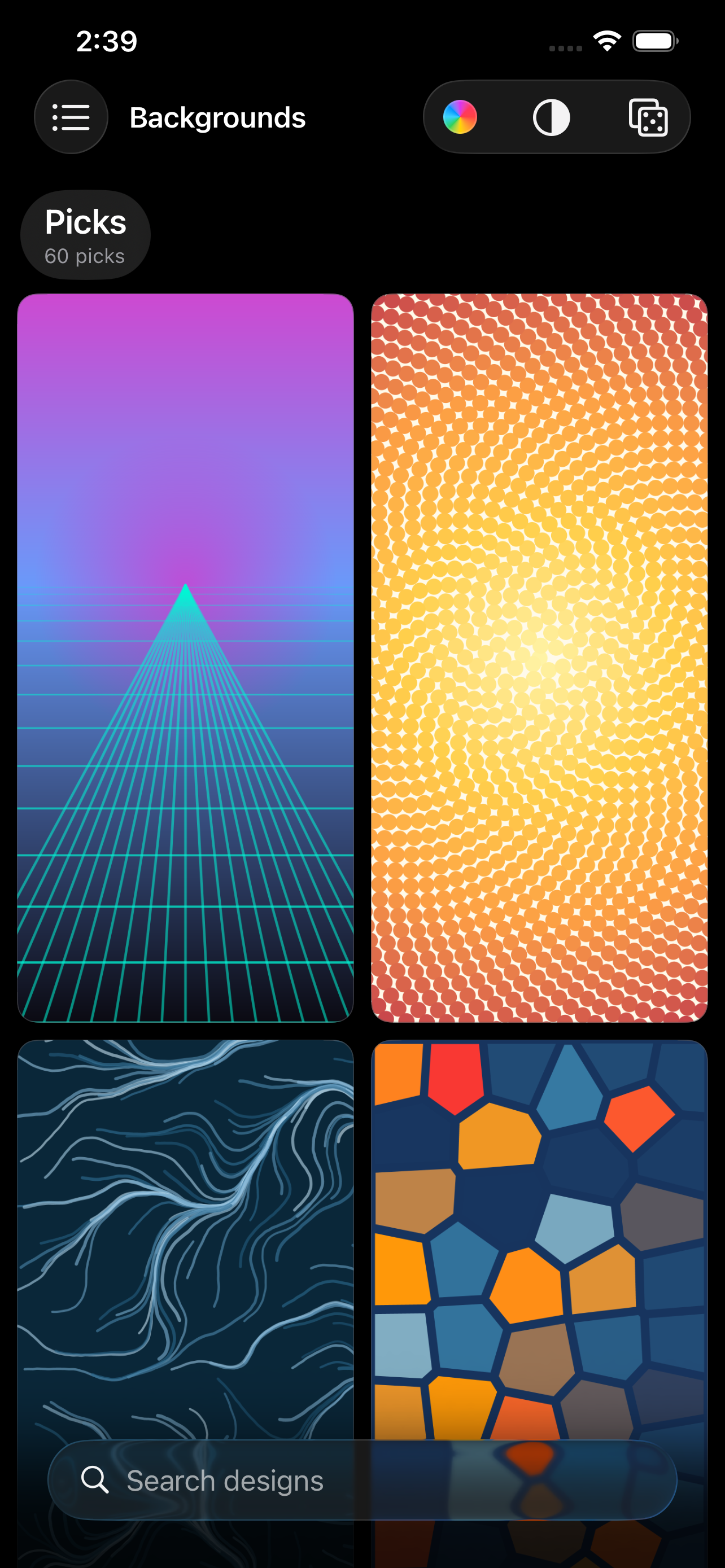 The Picks wall on iPhone &mdash; sixty finished backgrounds two across at phone aspect, from a neon perspective grid and a golden spiral halftone to pale flowing contours and stained glass, with a Search designs field at the bottom and colour, contrast and layout toggles in the top bar