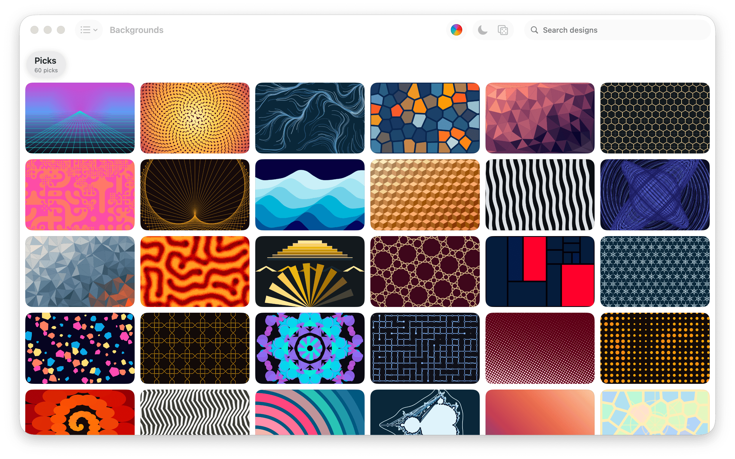 Unlimited Backgrounds on Mac, open on the Picks wall: rows of finished backgrounds at screen aspect, from a neon perspective grid and flowing contours to stained glass, tilings, mazes and halftones