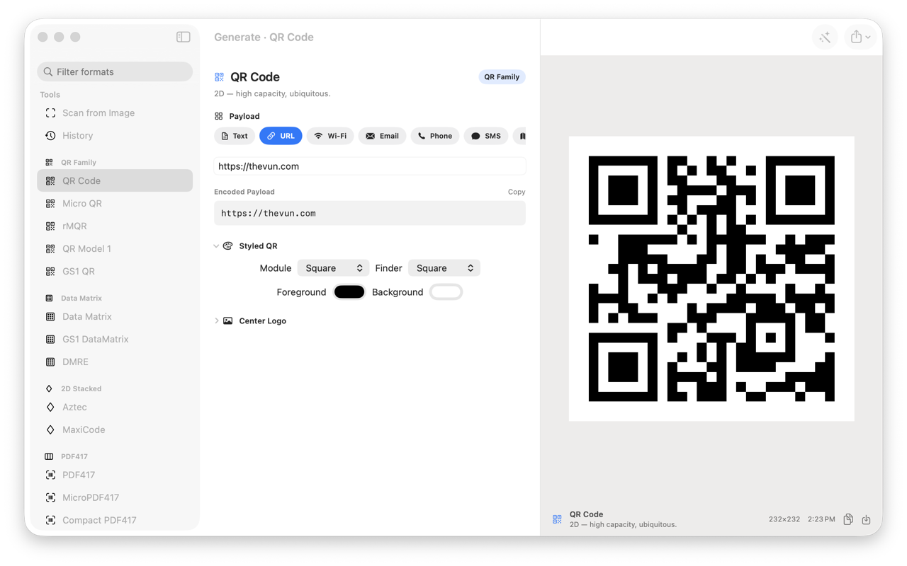 The Generate view on the Mac — QR Code chosen from the format sidebar, a URL payload typed in one tap, Styled QR module and finder shape controls, and the finished code in the live preview ready to export