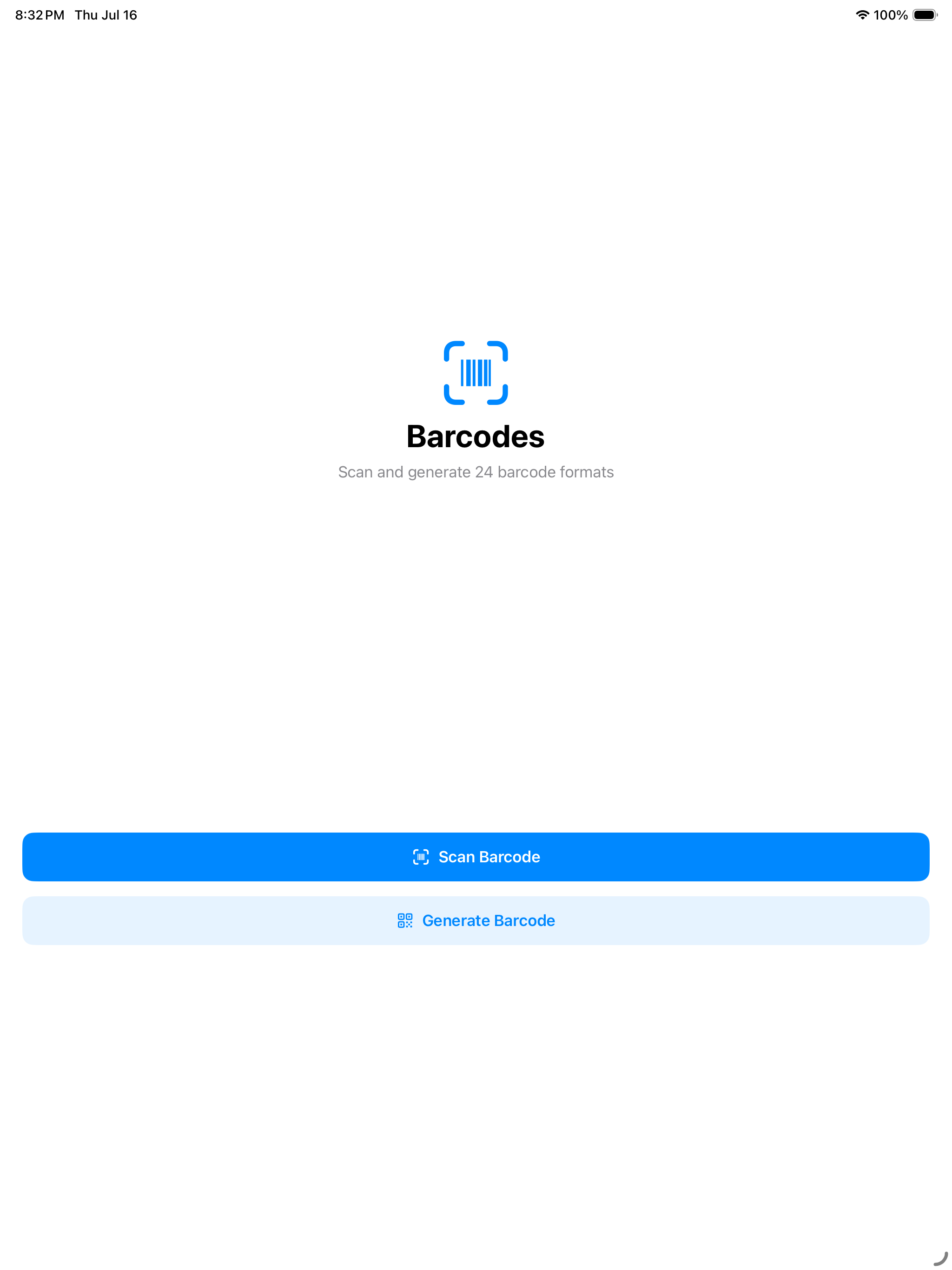 The iPad welcome screen &mdash; &lsquo;Scan and generate 24 barcode formats&rsquo; over Scan Barcode and Generate Barcode