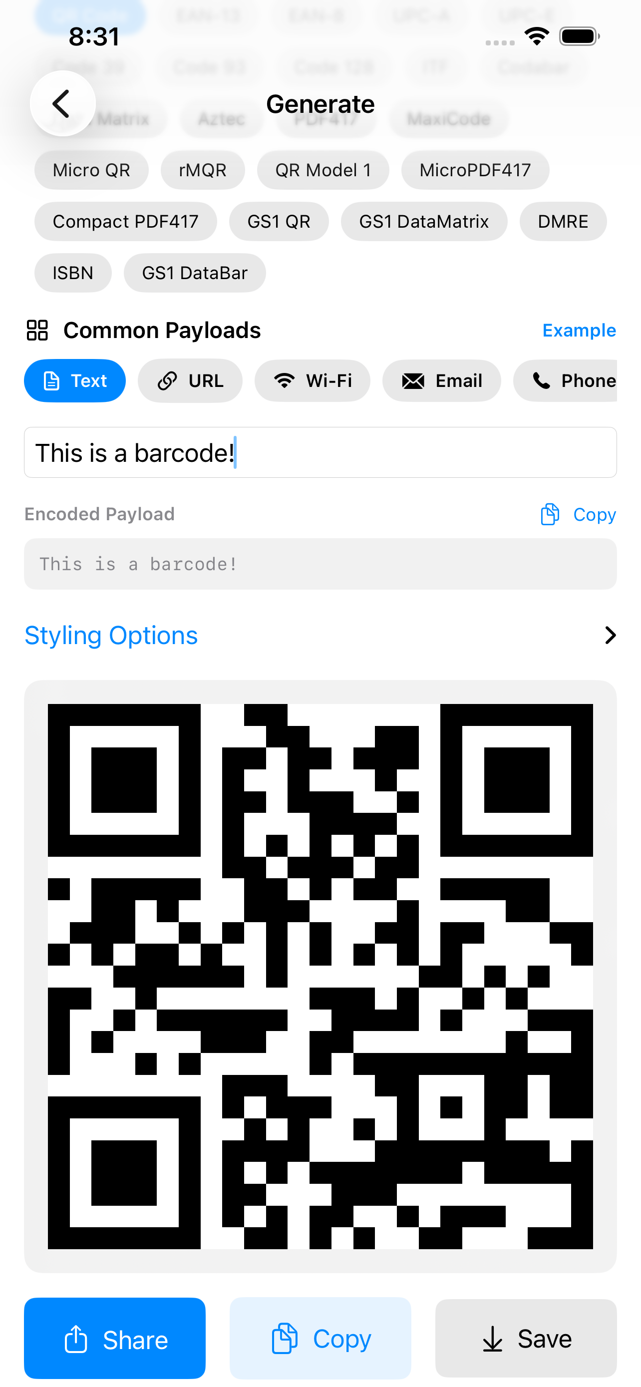 Generating on iPhone &mdash; format chips for Micro QR, rMQR, QR Model 1, MicroPDF417, Compact PDF417, GS1 QR, GS1 DataMatrix, DMRE, ISBN and GS1 DataBar, payload types for text, URL, Wi-Fi, email and phone, the text &lsquo;This is a barcode!&rsquo; typed in with its encoded payload shown beneath, the rendered QR code below, and Share, Copy and Save
