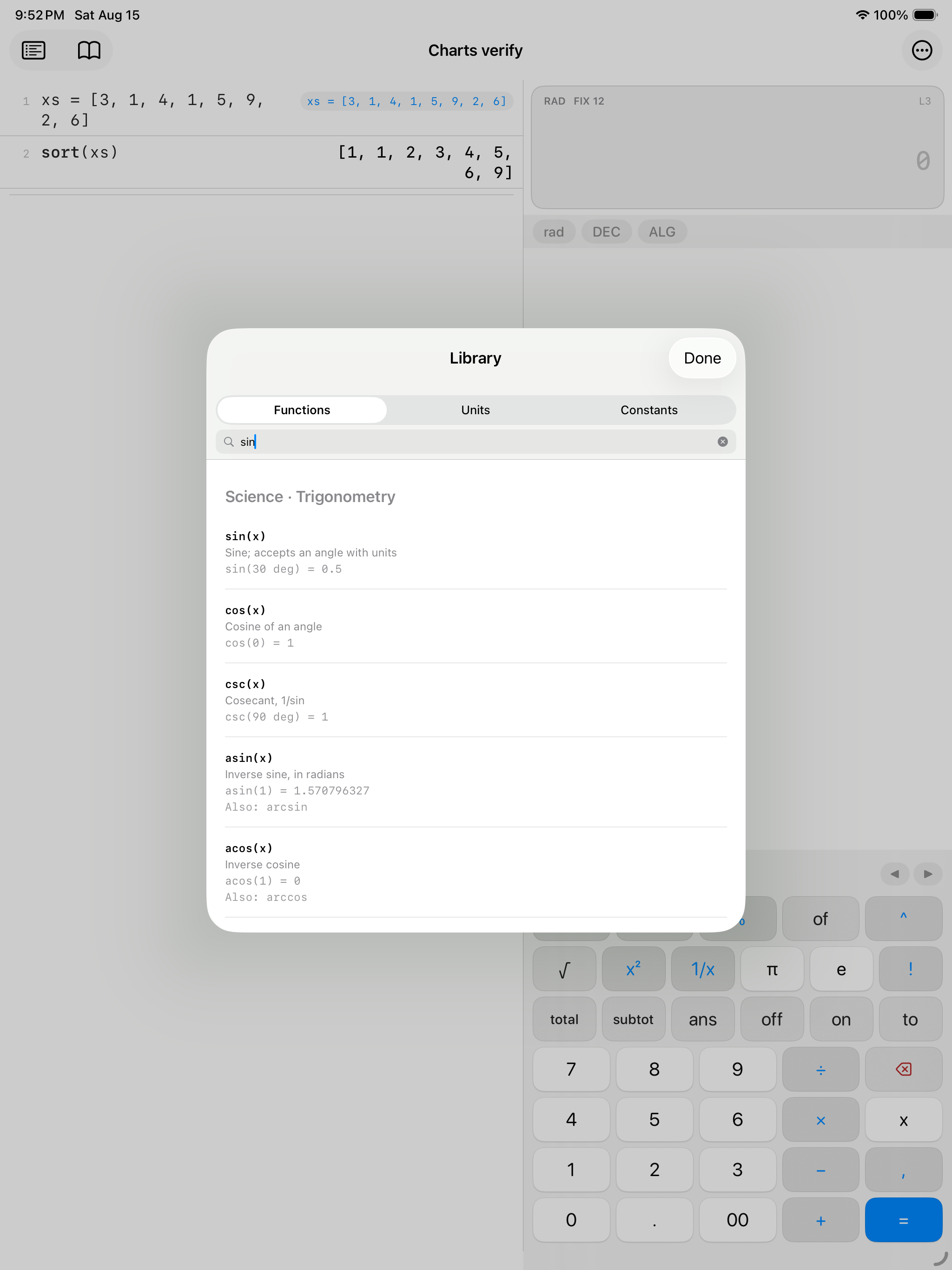 Searching the library on iPad &mdash; typing &lsquo;sin&rsquo; brings up Science &middot; Trigonometry with sin, cos, csc, asin and acos, each with a one-line definition and a worked example, over the tape and keypad