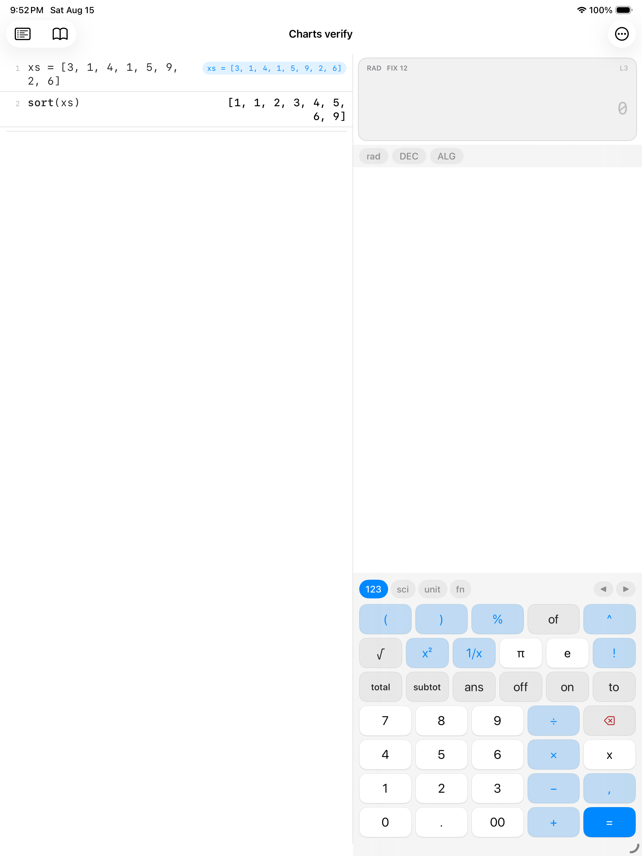 The tape on iPad &mdash; a sheet named &lsquo;Charts verify&rsquo; where xs = [3, 1, 4, 1, 5, 9, 2, 6] on line 1 and sort(xs) on line 2 returns [1, 1, 2, 3, 4, 5, 6, 9], beside the RAD FIX 12 result card and the full keypad