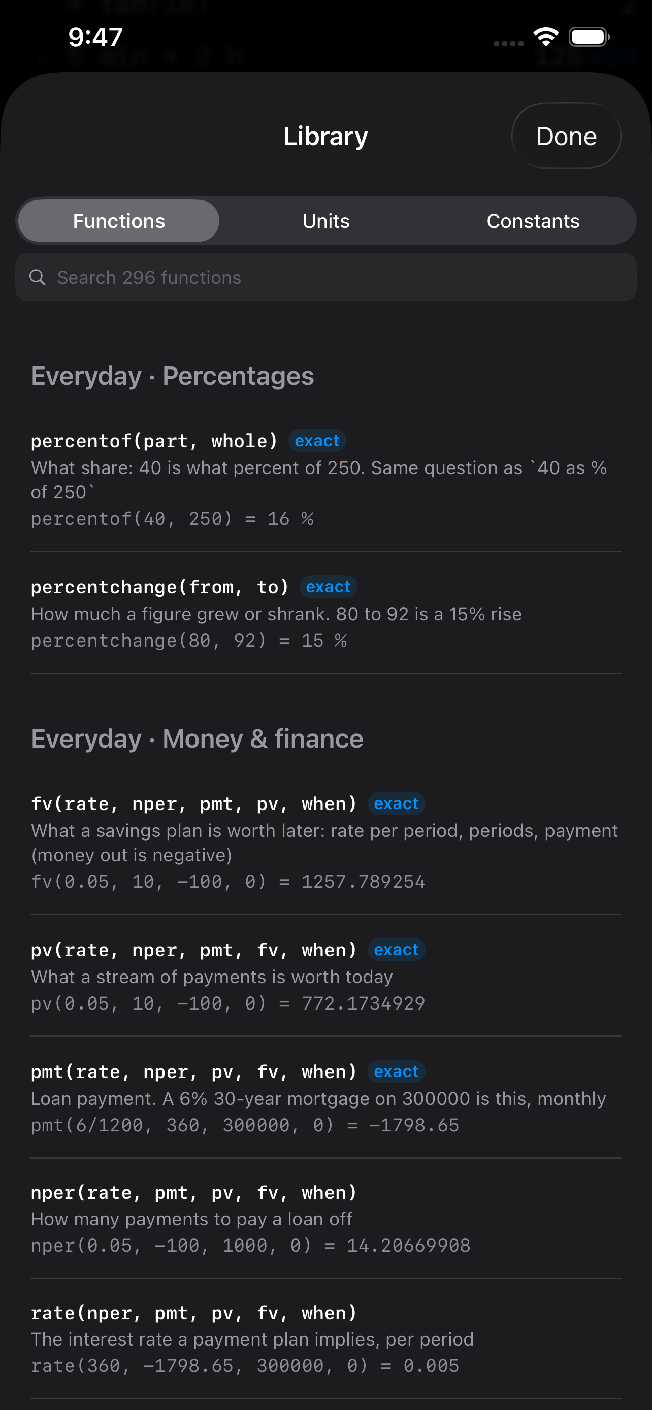 The function library on iPhone &mdash; Functions, Units and Constants tabs over a search of 296 functions, with Everyday &middot; Percentages showing percentof and percentchange and Everyday &middot; Money & finance showing fv, pv, pmt, nper and rate, each marked exact and carrying a worked example