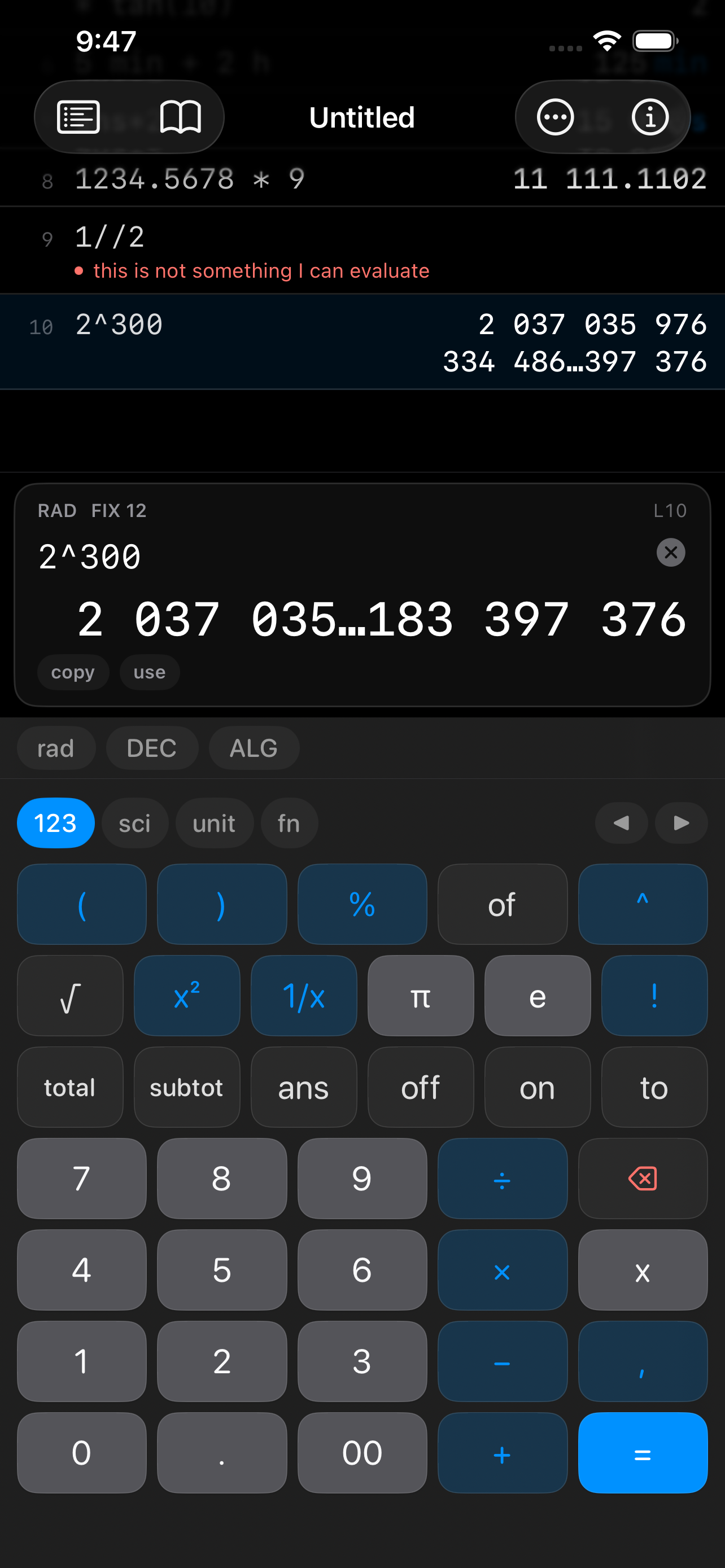 The tape on iPhone &mdash; line 8 evaluates 1234.5678 * 9 to 11 111.1102, line 9 shows 1//2 refused with &lsquo;this is not something I can evaluate&rsquo;, and line 10 gives 2^300 in full as an exact integer, over a RAD FIX 12 result card with copy and use, mode chips for rad, DEC and ALG, and the 123, sci, unit and fn keypads