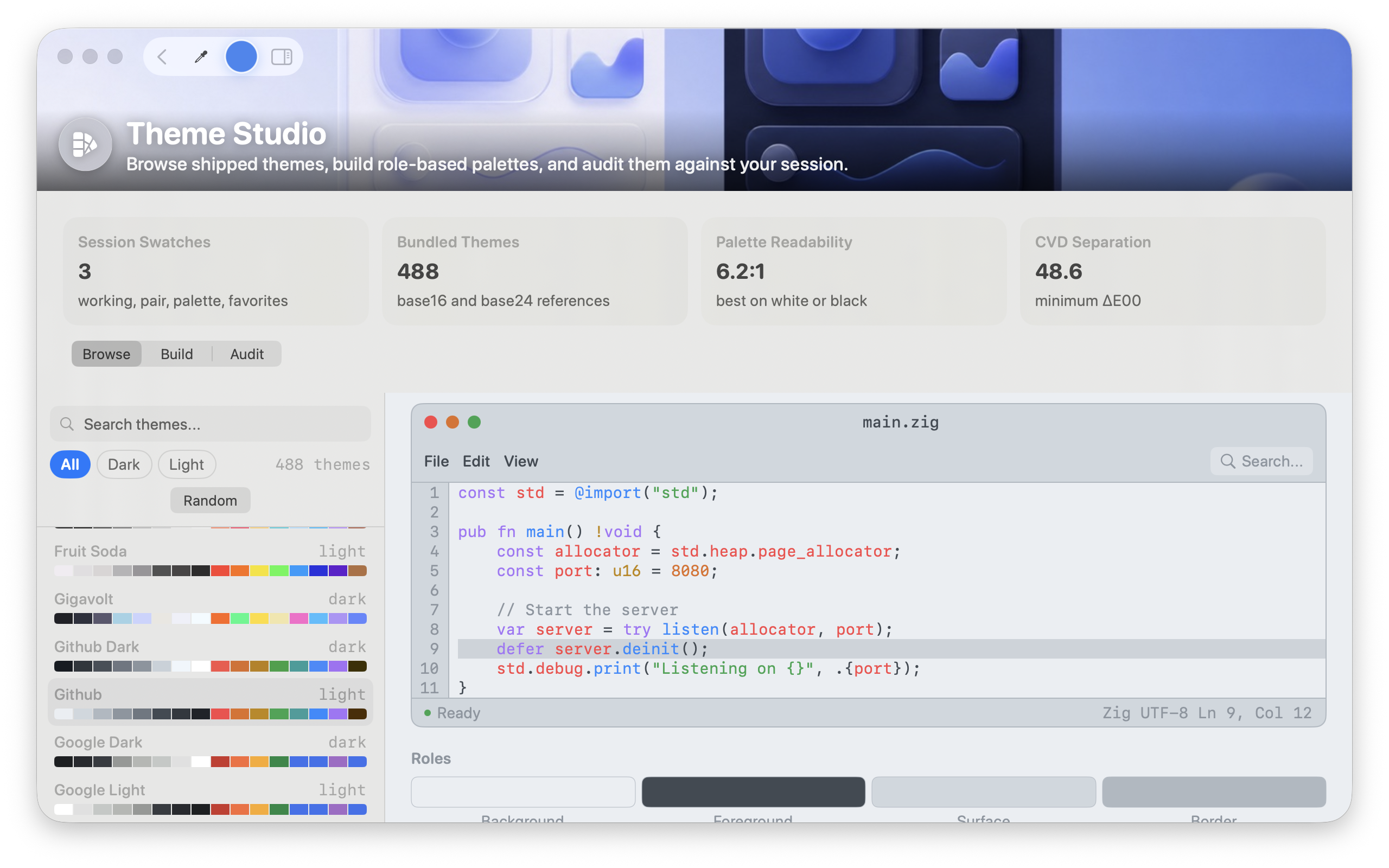 Theme Studio — 488 bundled editor themes with a live code preview, palette readability score, and color-blindness separation audit