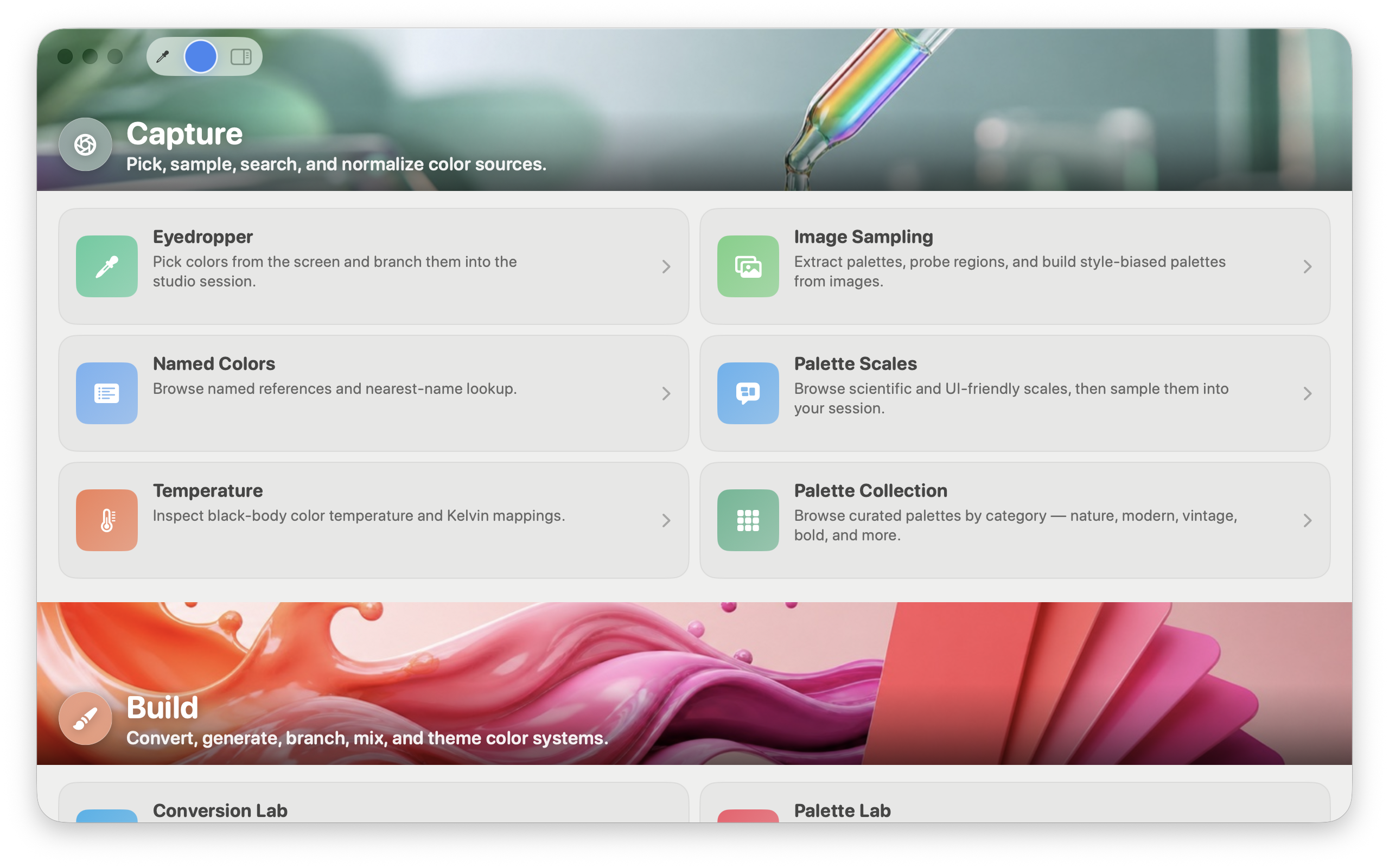 Home screen — twenty-five workflows in four groups, from Eyedropper and Image Sampling to Palette Lab and Gradient Studio