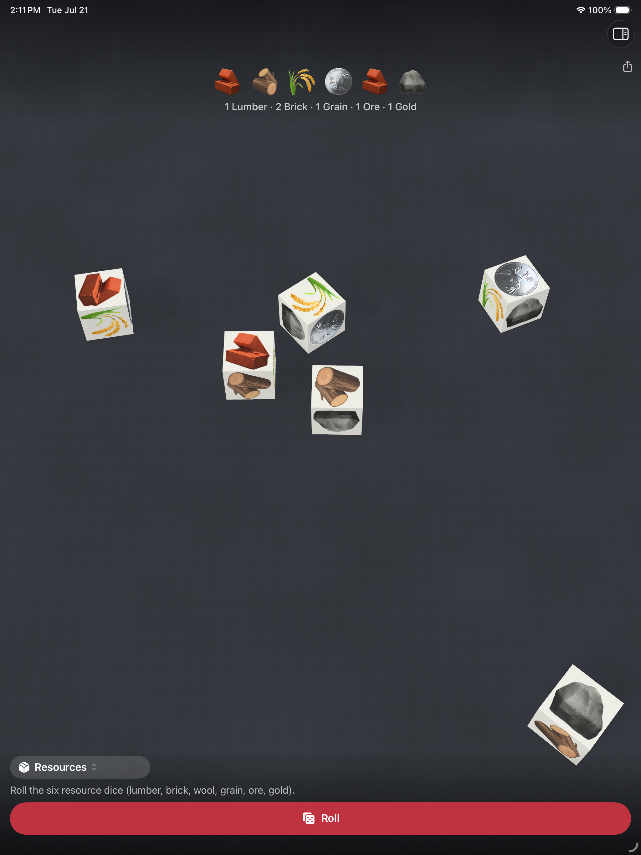 The resource dice on iPad &mdash; six cubes faced with lumber, brick, wool, grain, ore and gold tumbled on a dark table, the result read back as 1 Lumber &middot; 2 Brick &middot; 1 Grain &middot; 1 Ore &middot; 1 Gold