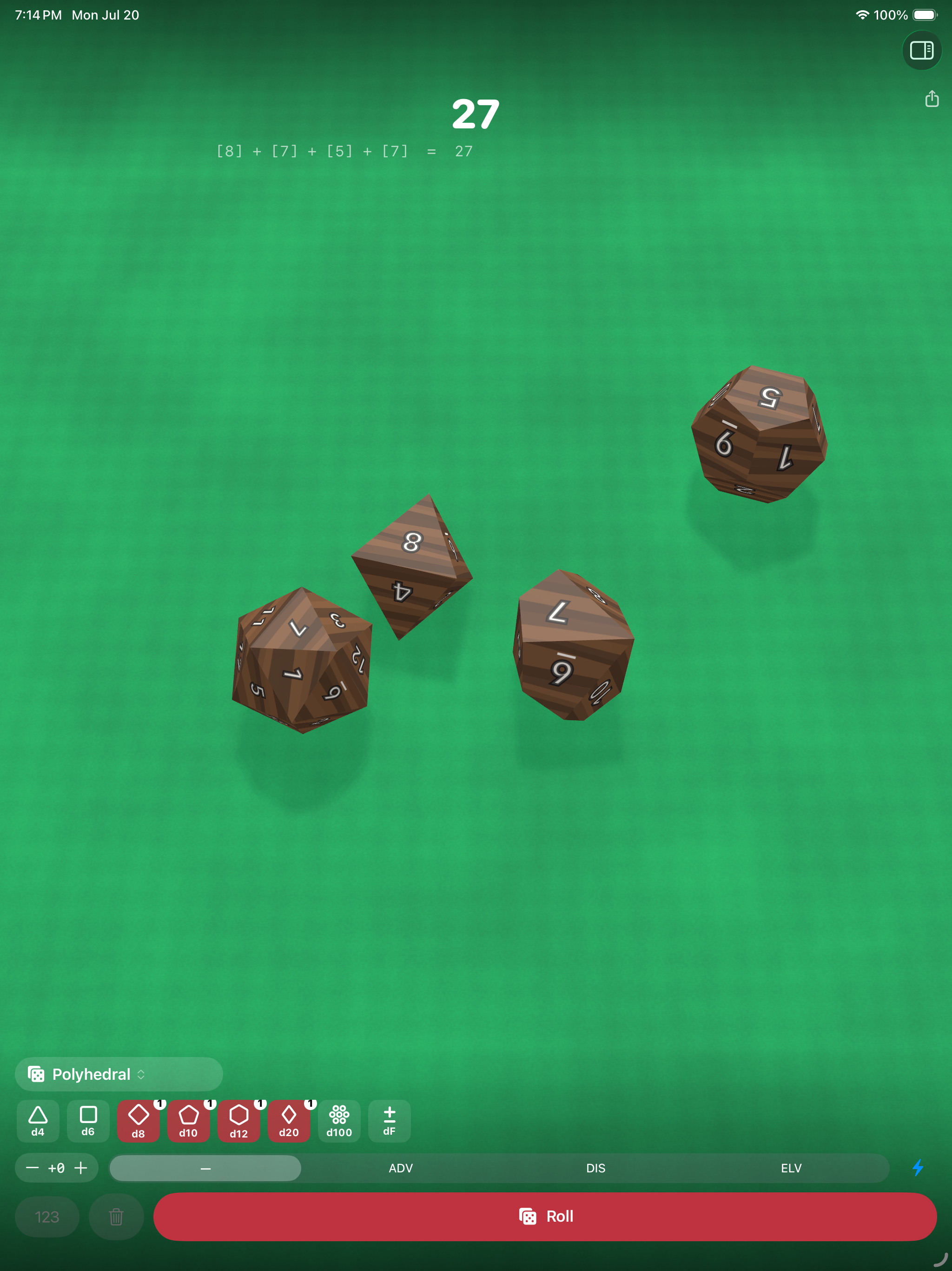 Four polyhedral dice rolled on iPad &mdash; walnut d20, d12, d10 and d8 settled on green felt, totalling 27 with the breakdown [8] + [7] + [5] + [7] = 27 above them, over the die selector, modifier stepper and Roll button