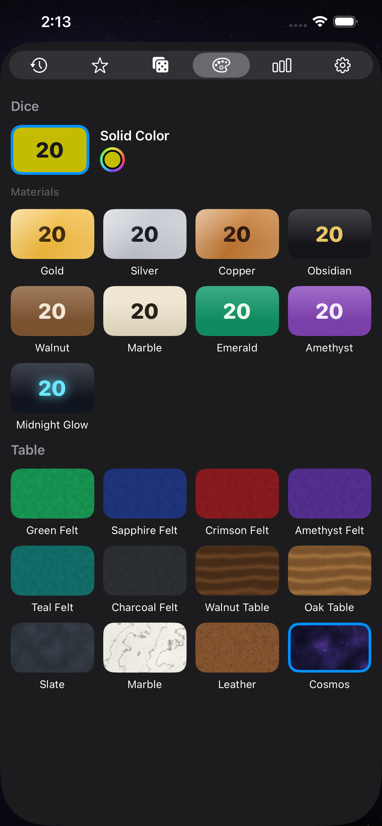 The appearance tab on iPhone &mdash; die materials as gold, silver, copper, obsidian, walnut, marble, emerald, amethyst and midnight glow, and table surfaces as green, sapphire, crimson, amethyst, teal and charcoal felt, walnut and oak table, slate, marble, leather and cosmos