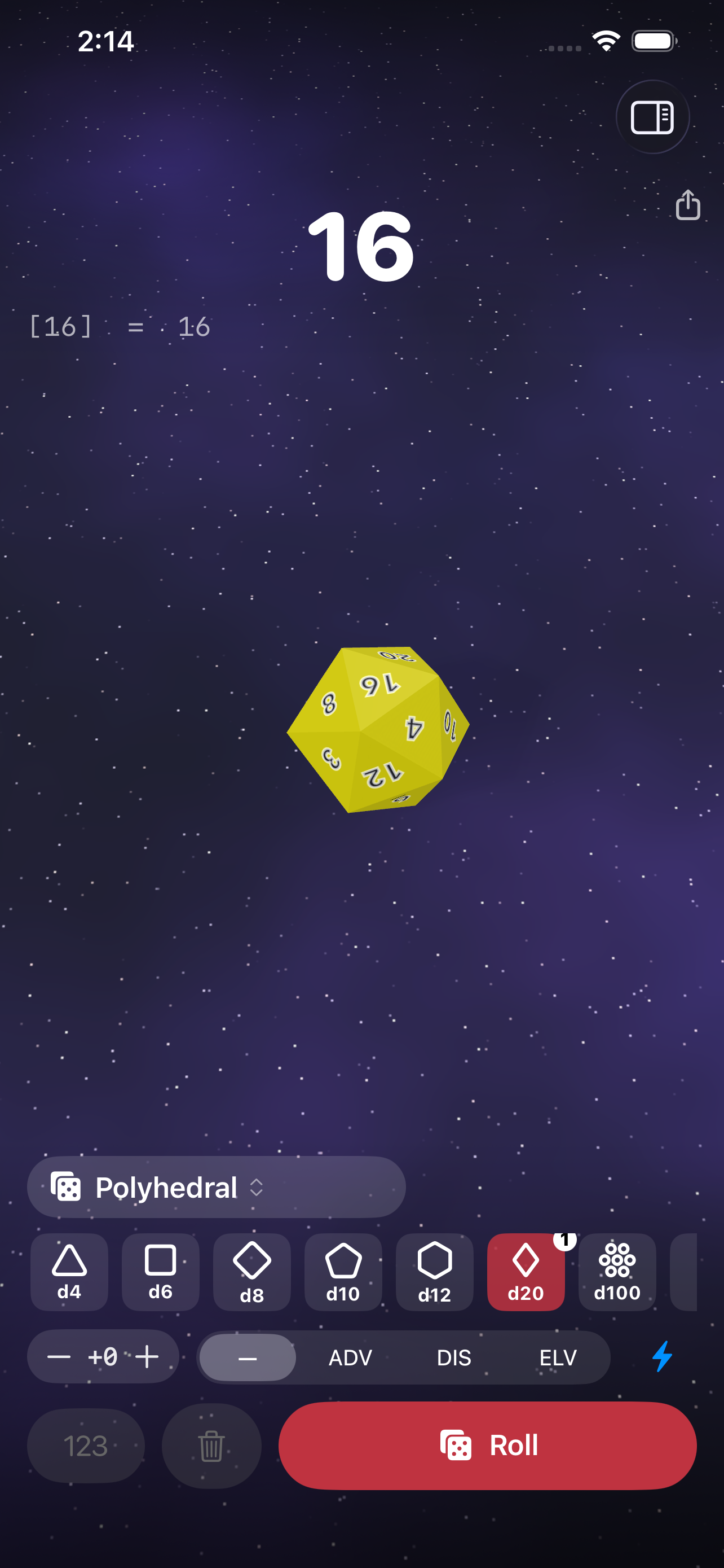 A d20 rolled on iPhone &mdash; a gold twenty-sider settled on 16 over a starfield table, the total shown large with [16] = 16 beneath it, the Polyhedral set selected, dice buttons for d4, d6, d8, d10, d12, d20 and d100, a modifier stepper, advantage, disadvantage and elevated options, and a Roll button