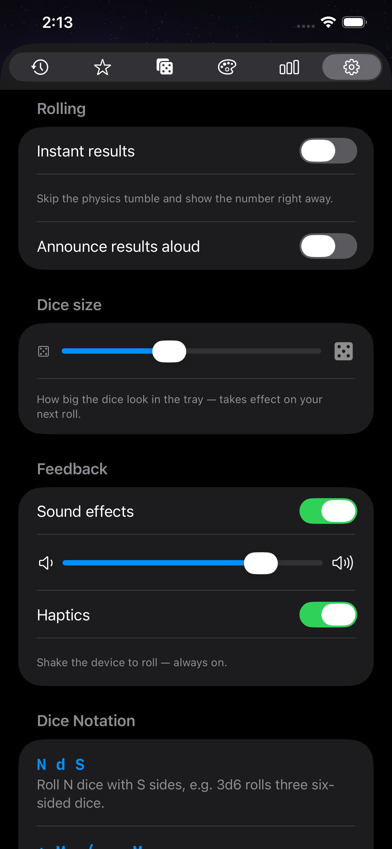 Settings on iPhone &mdash; toggles for instant results (skip the physics tumble) and announcing results aloud, a dice size slider, sound effects with a volume slider, haptics with shake-to-roll always on, and the start of the dice notation reference explaining NdS