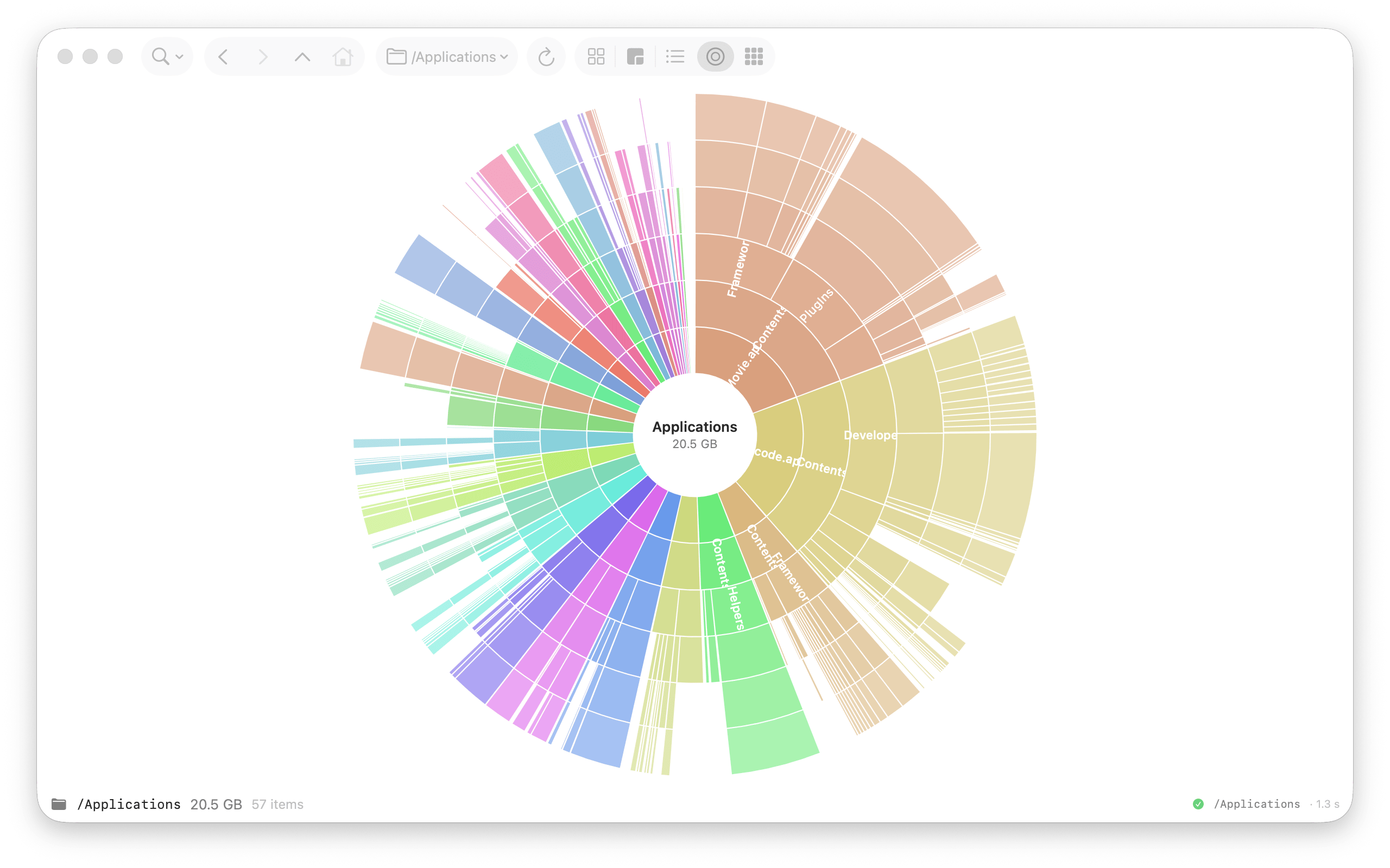 Sunburst view — concentric rings showing folder sizes radiating from the scanned root