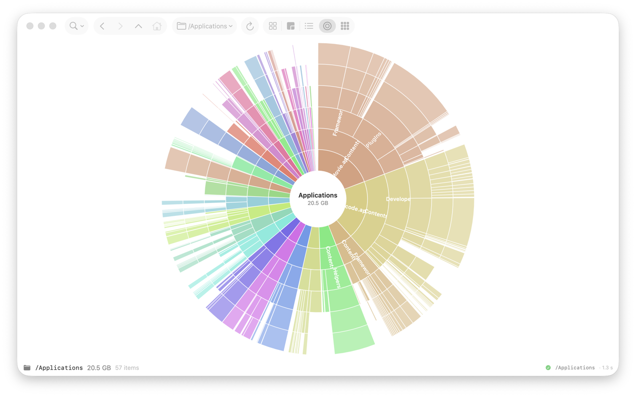 Sunburst view — concentric rings showing folder sizes radiating from the scanned root
