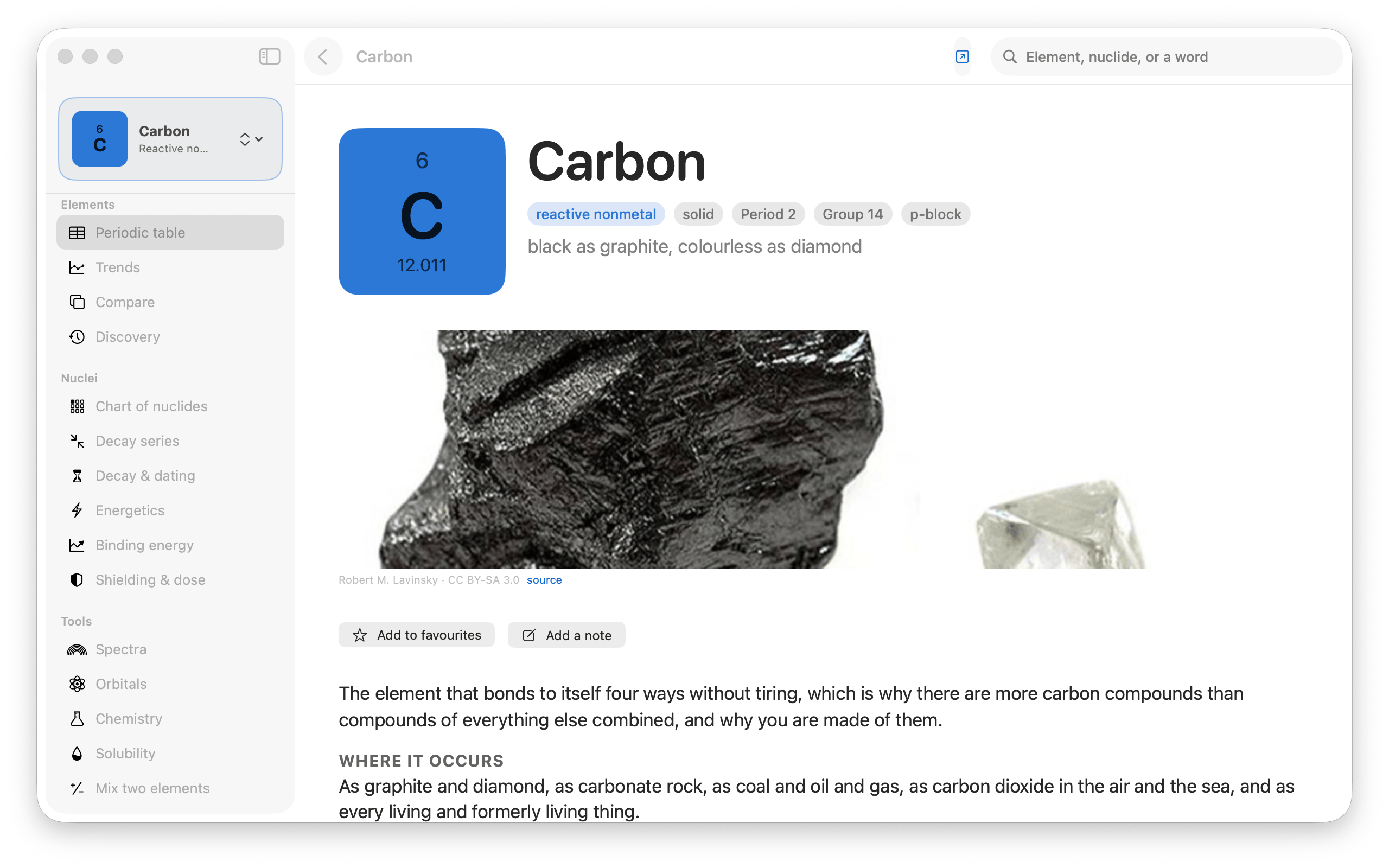 The page for carbon &mdash; the element tile beside its name, tagged reactive nonmetal, solid, period 2, group 14, p-block, over a captioned photograph of graphite and diamond, buttons to add to favourites and add a note, and prose explaining that carbon bonds to itself four ways and where it occurs