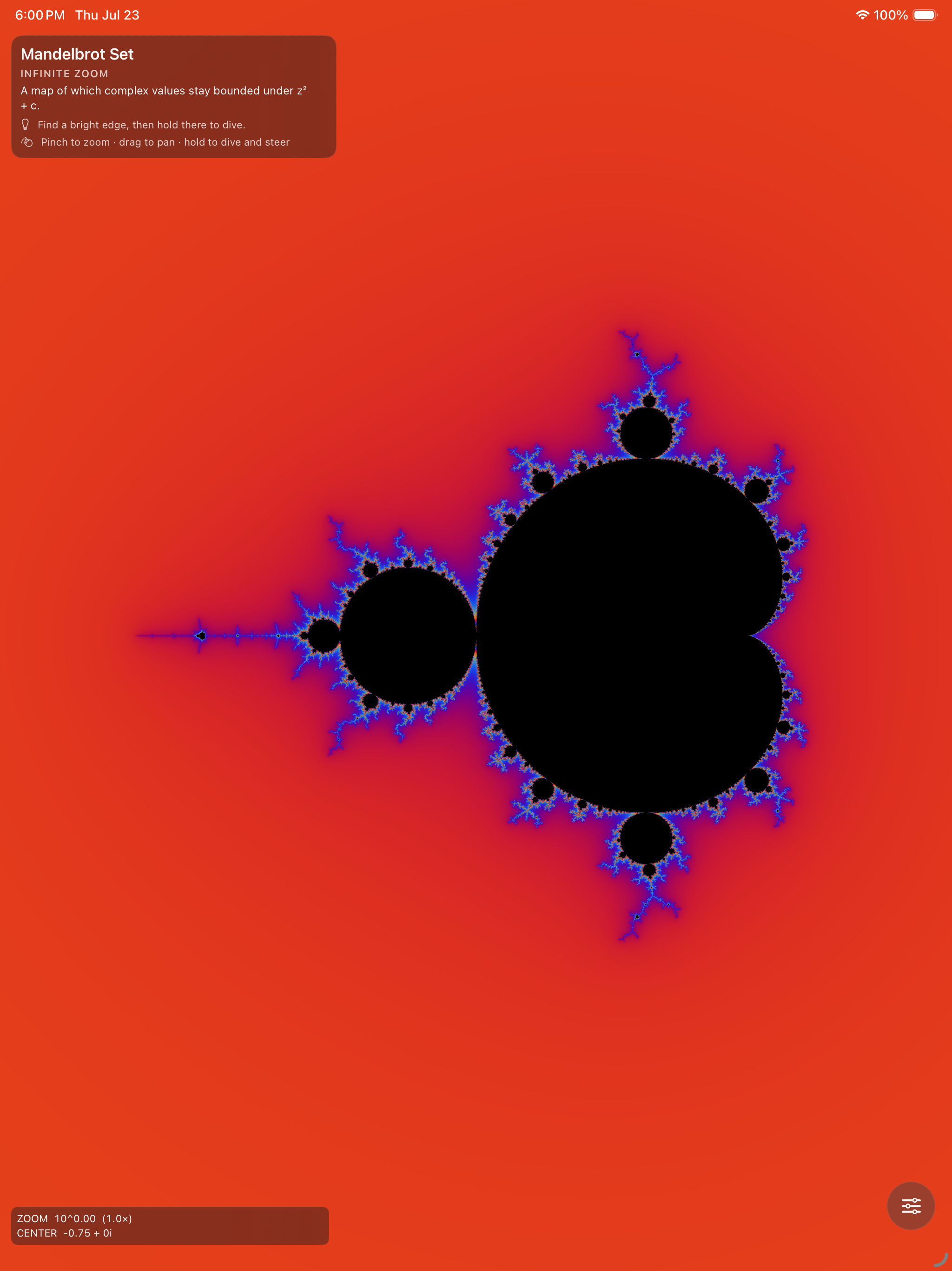 The Mandelbrot set on iPad &mdash; the whole set drawn black on red with blue filaments, the information card explaining the map and the pinch, drag and hold gestures, and a readout of zoom 10^0.00 at centre &minus;0.75 + 0i