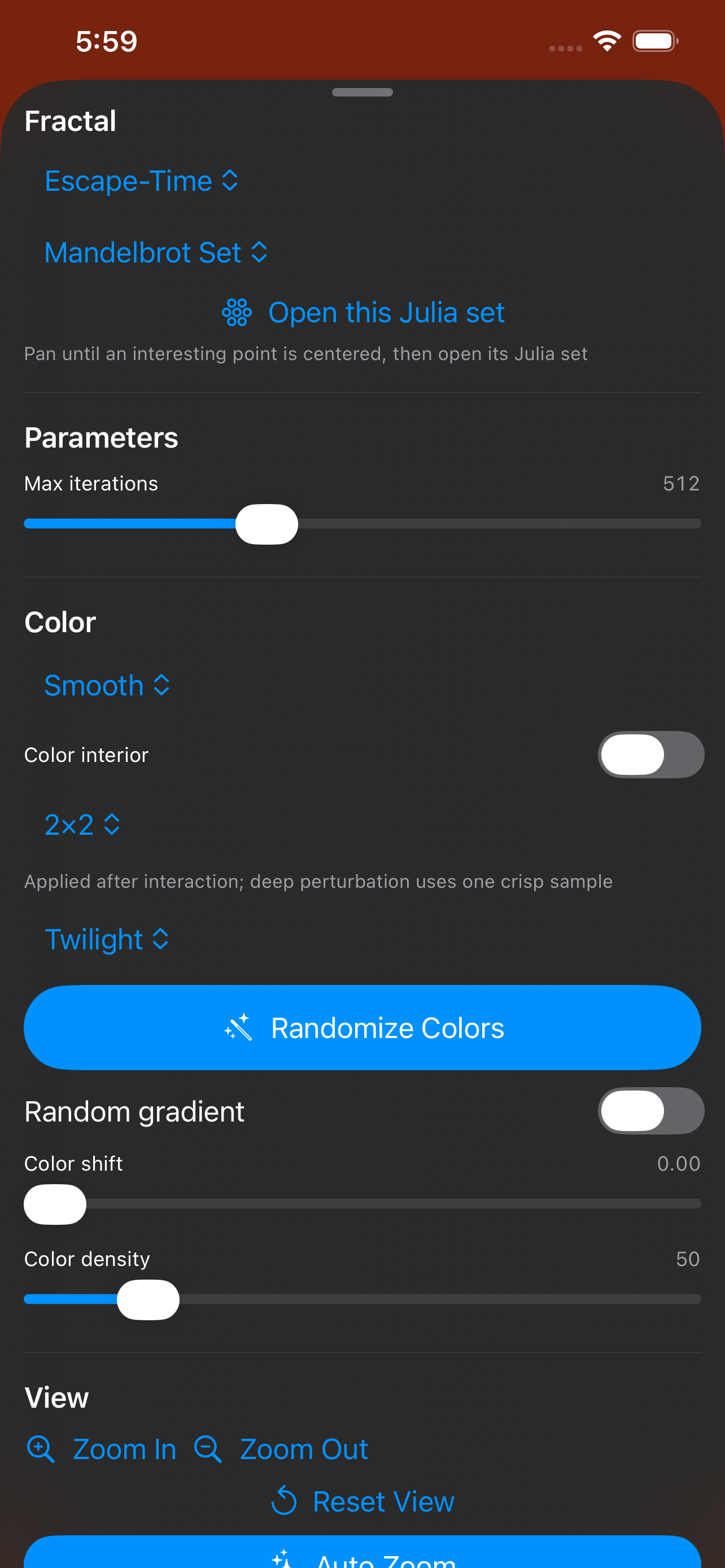 The controls sheet on iPhone &mdash; an escape-time Mandelbrot with a button to open the Julia set of the centred point, max iterations at 512, smooth colouring with 2&times;2 supersampling and the Twilight gradient, Randomize Colors, colour shift and density sliders, and zoom, reset and auto-zoom controls