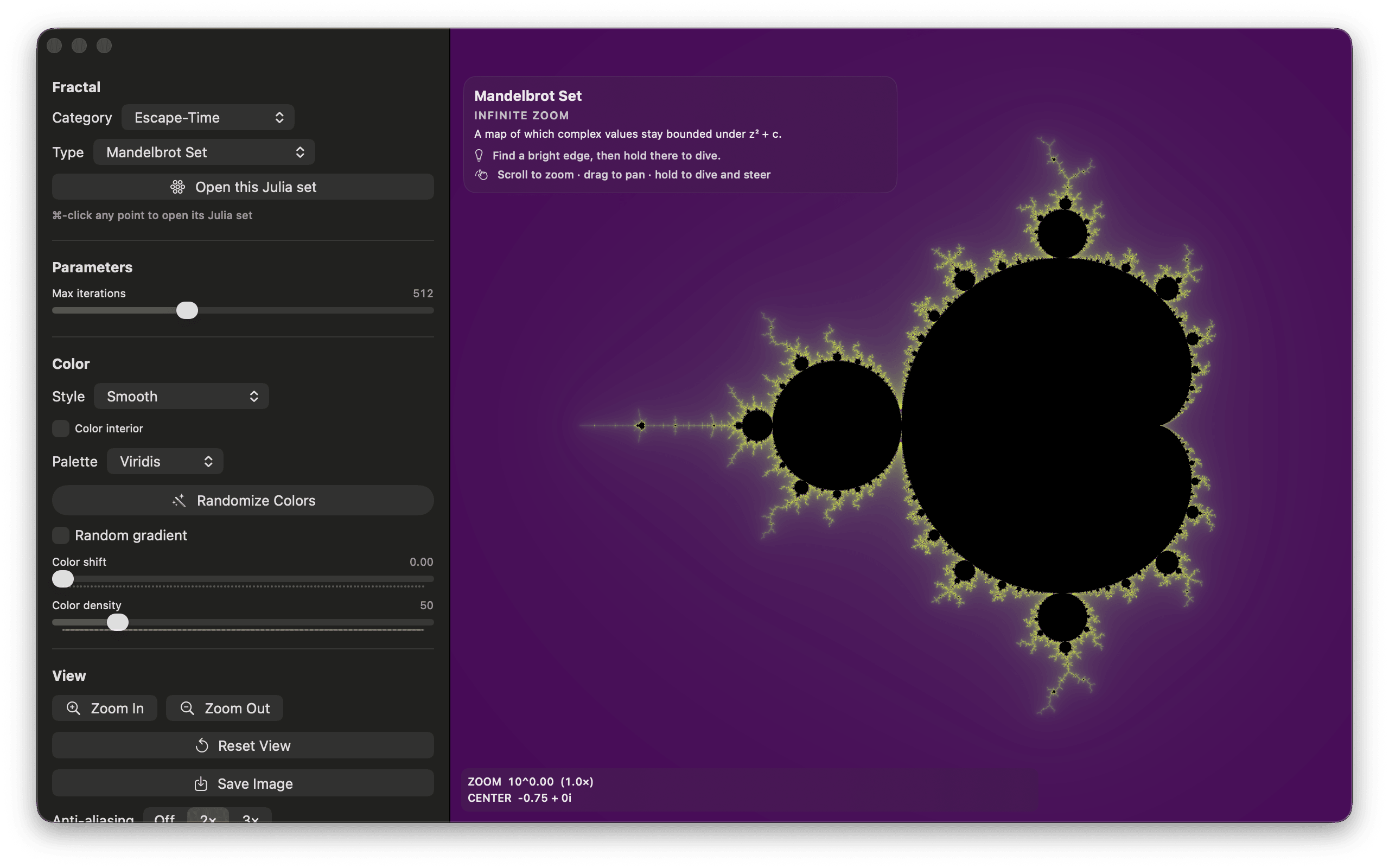 The Mac app showing the Mandelbrot set rendered in deep purple with lime-green filaments, an info card reading Mandelbrot Set &mdash; Infinite Zoom, and a control panel with the fractal category and type, a max-iterations slider, color style and palette pickers, and zoom, reset, and save-image buttons