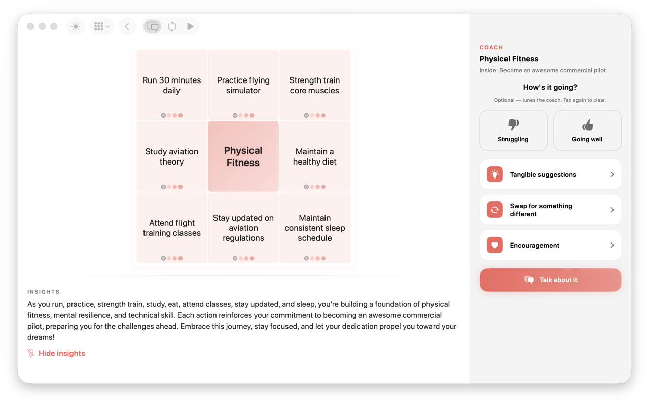 A theme up close — eight actions with effort dots, insights below, and the coach panel ready to help