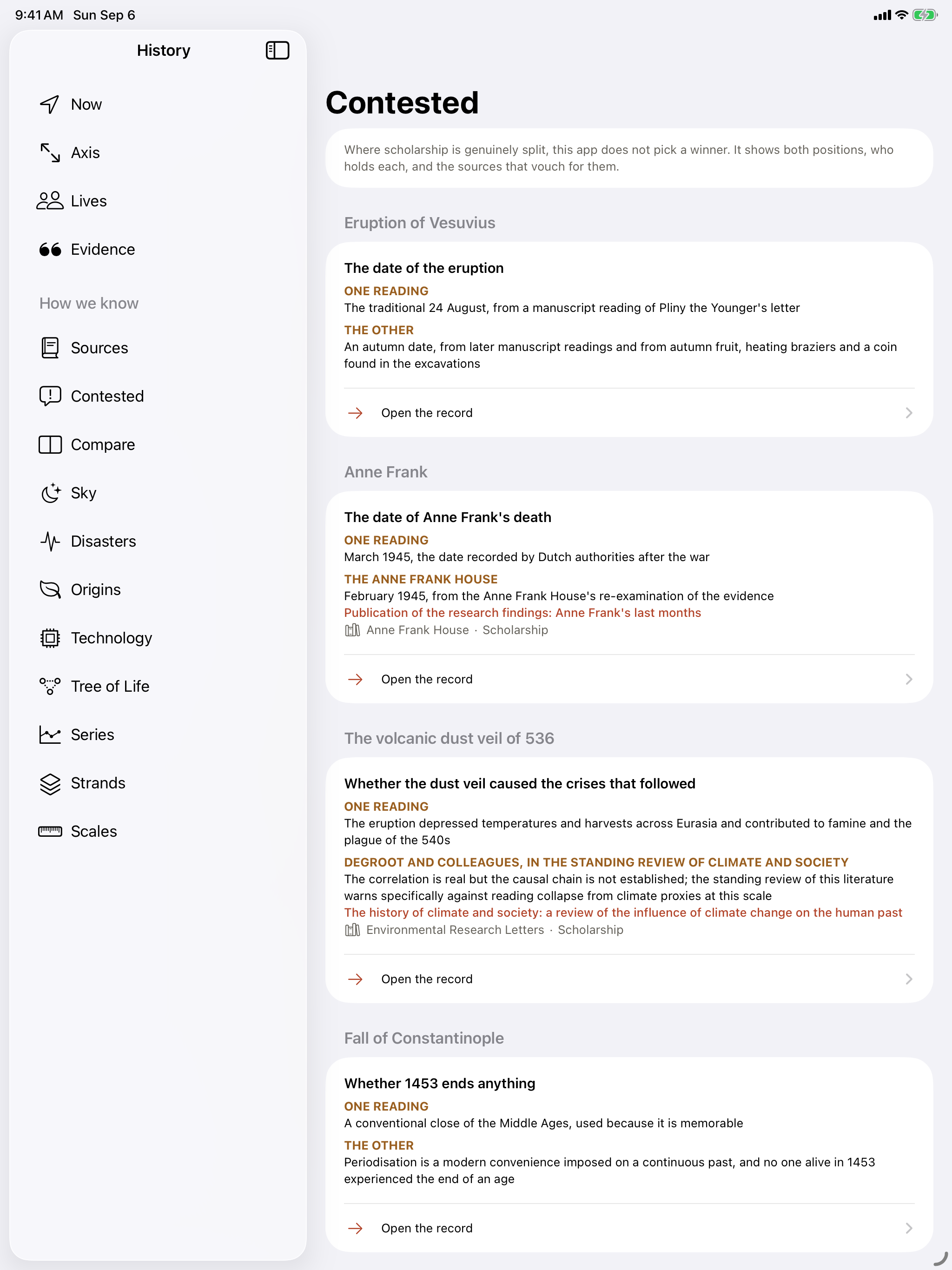 Contested on iPad &mdash; disagreements kept as disagreements: both positions, who holds each, and the sources for both