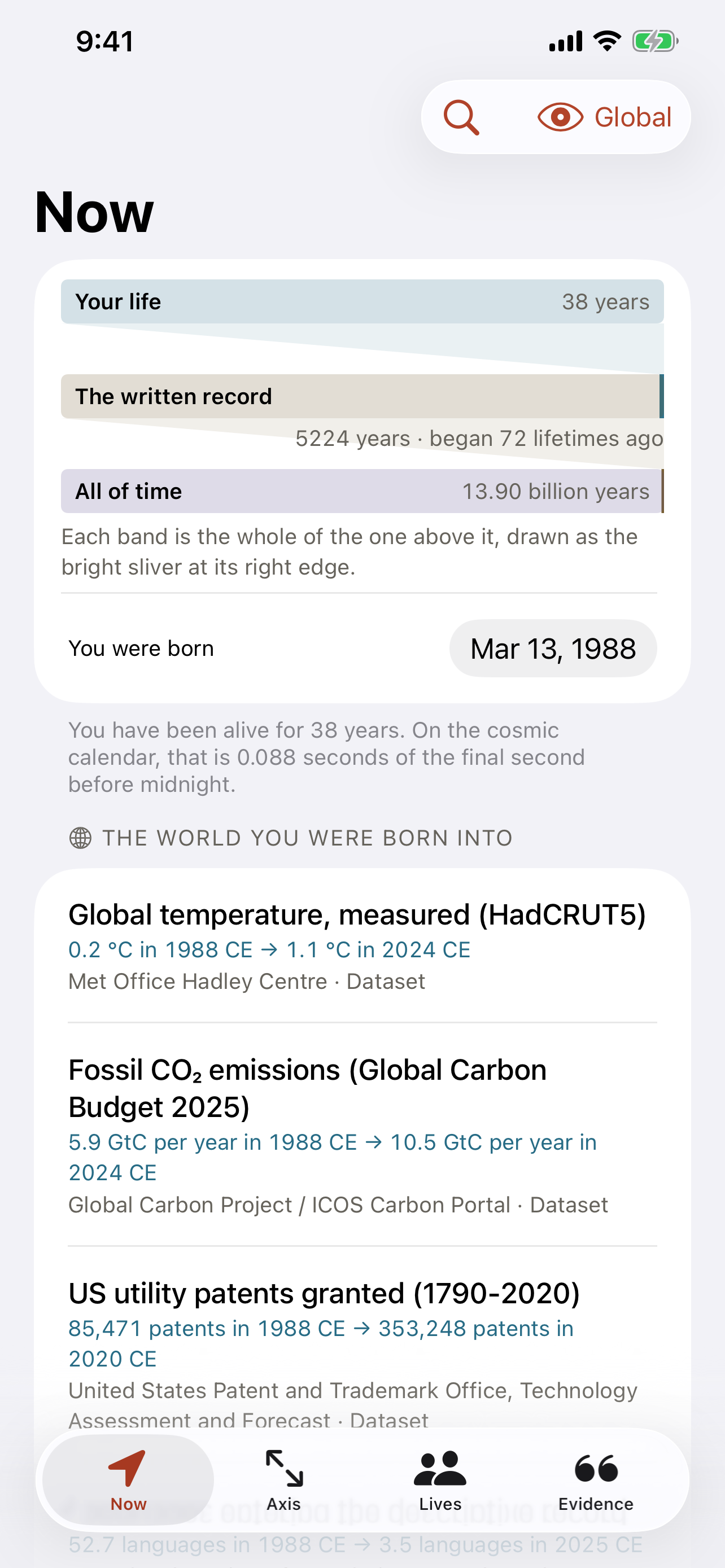 Now on iPhone &mdash; your life, the written record and all of time as three nested bands, then the world you were born into: global temperature, fossil emissions and patents in your birth year and now, each with its source
