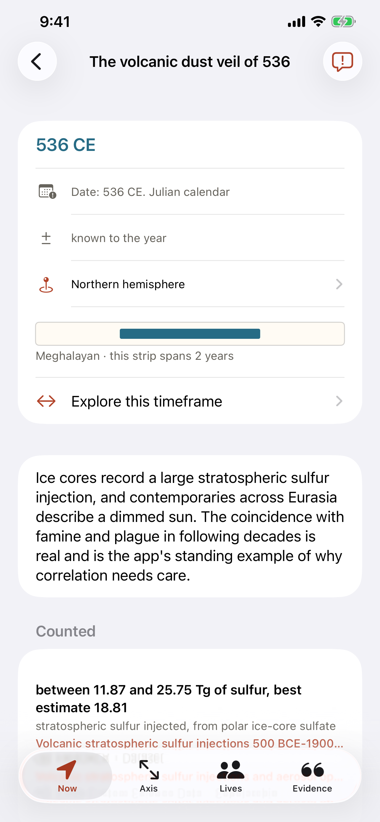A record on iPhone &mdash; the volcanic dust veil of 536, with its calendar, its precision, the planet's measured vitals across its span, and its sources