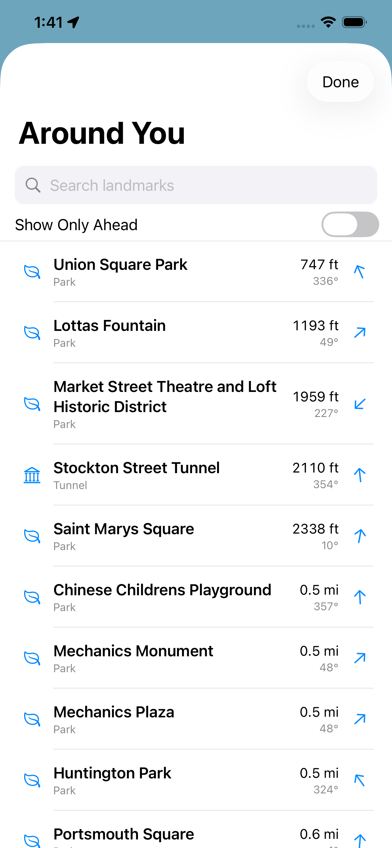 Around You on iPhone &mdash; landmarks sorted by distance with a bearing arrow each: Union Square Park at 747 ft and 336&deg;, Lottas Fountain at 1193 ft, the Market Street Theatre and Loft Historic District at 1959 ft, the Stockton Street Tunnel at 2110 ft, then Saint Marys Square, the Chinese Childrens Playground, the Mechanics Monument, Mechanics Plaza, Huntington Park and Portsmouth Square, with a &lsquo;show only ahead&rsquo; switch