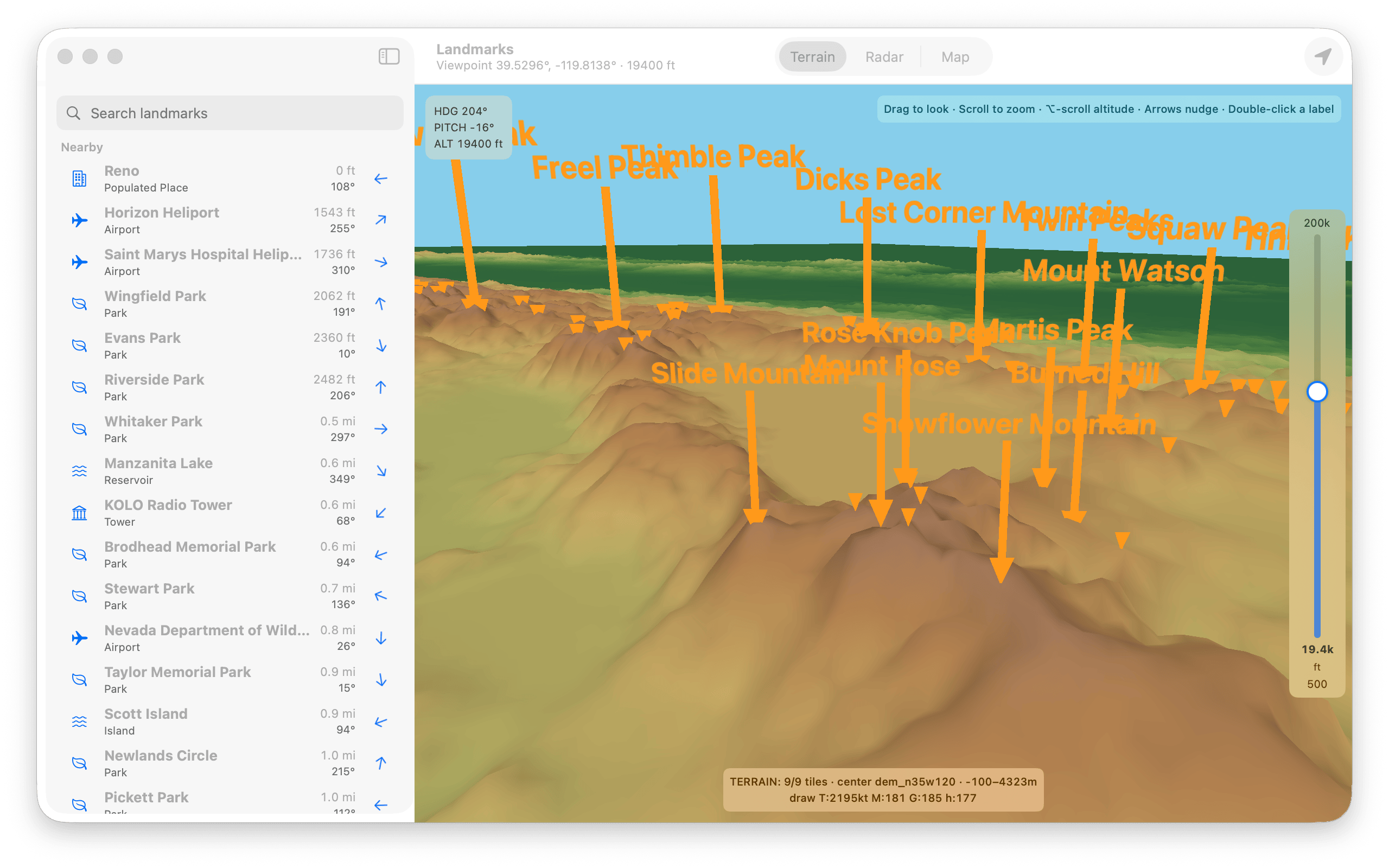 The Mac app rendering the mountains around Reno as 3D shaded terrain, with orange labels floating over each peak — Freel Peak, Dicks Peak, Mount Rose, Slide Mountain — and a sidebar listing nearby landmarks by distance and bearing