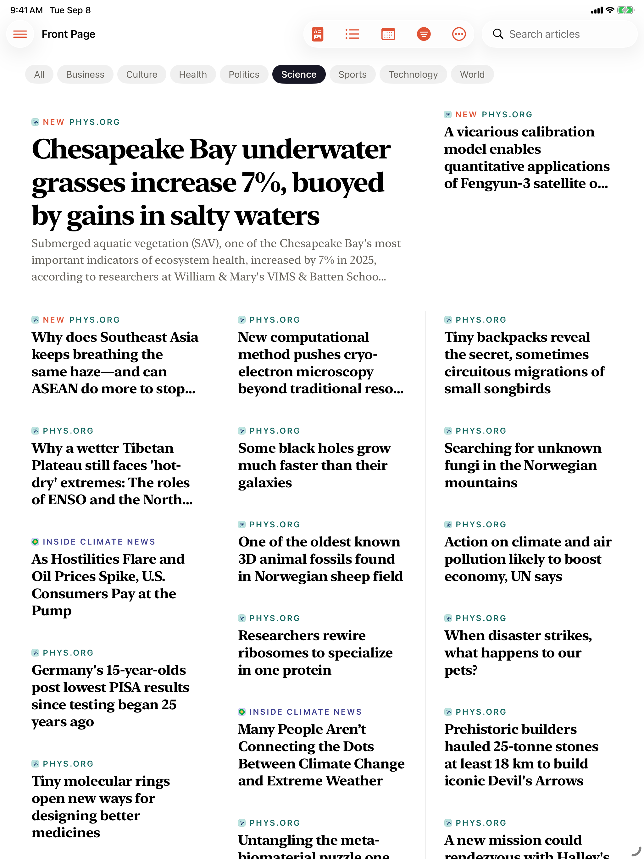 Front Page Headlines on iPad &mdash; Science selected, a PHYS.ORG lede on Chesapeake Bay grasses and three columns of related science stories
