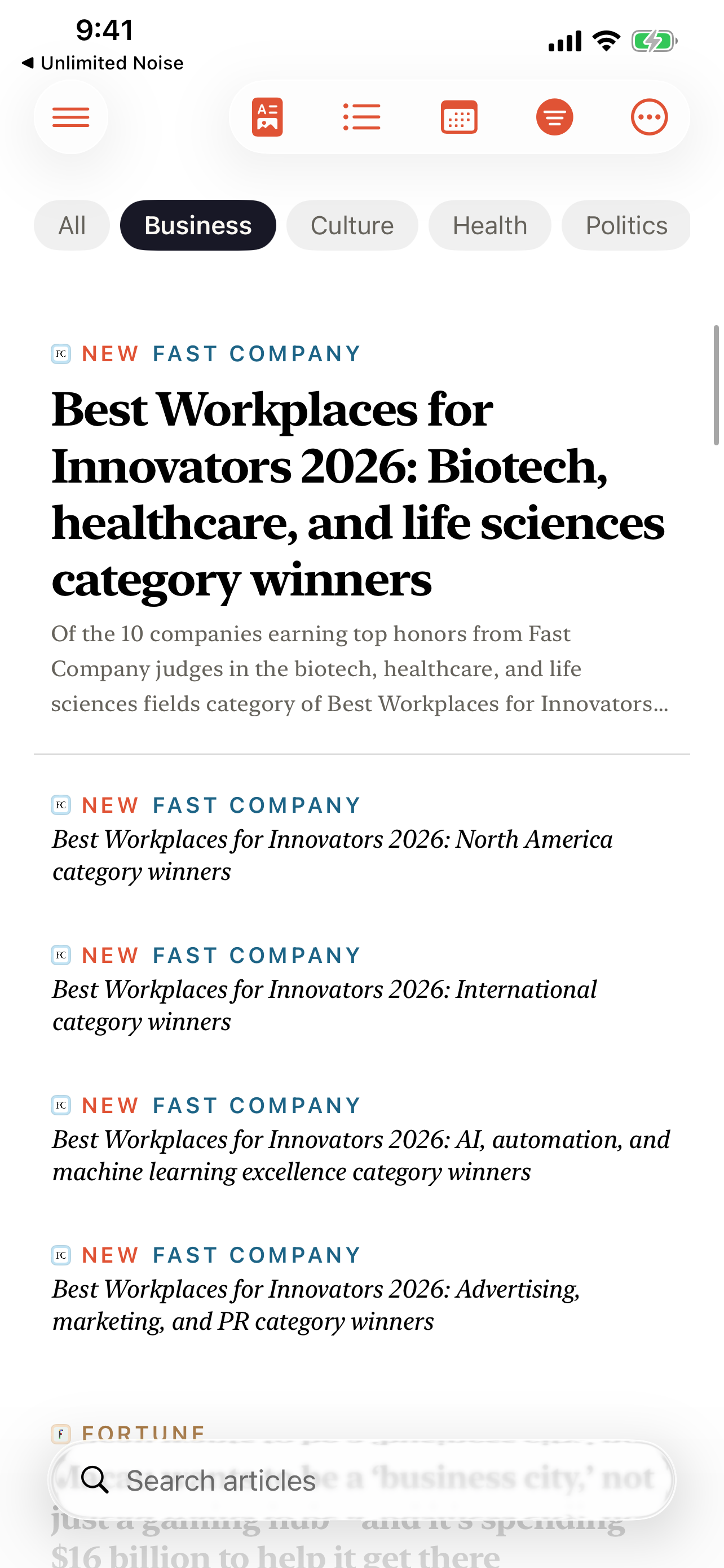 Front Page Headlines on iPhone &mdash; Business selected, a Fast Company lede on Best Workplaces for Innovators 2026 and the related stories underneath
