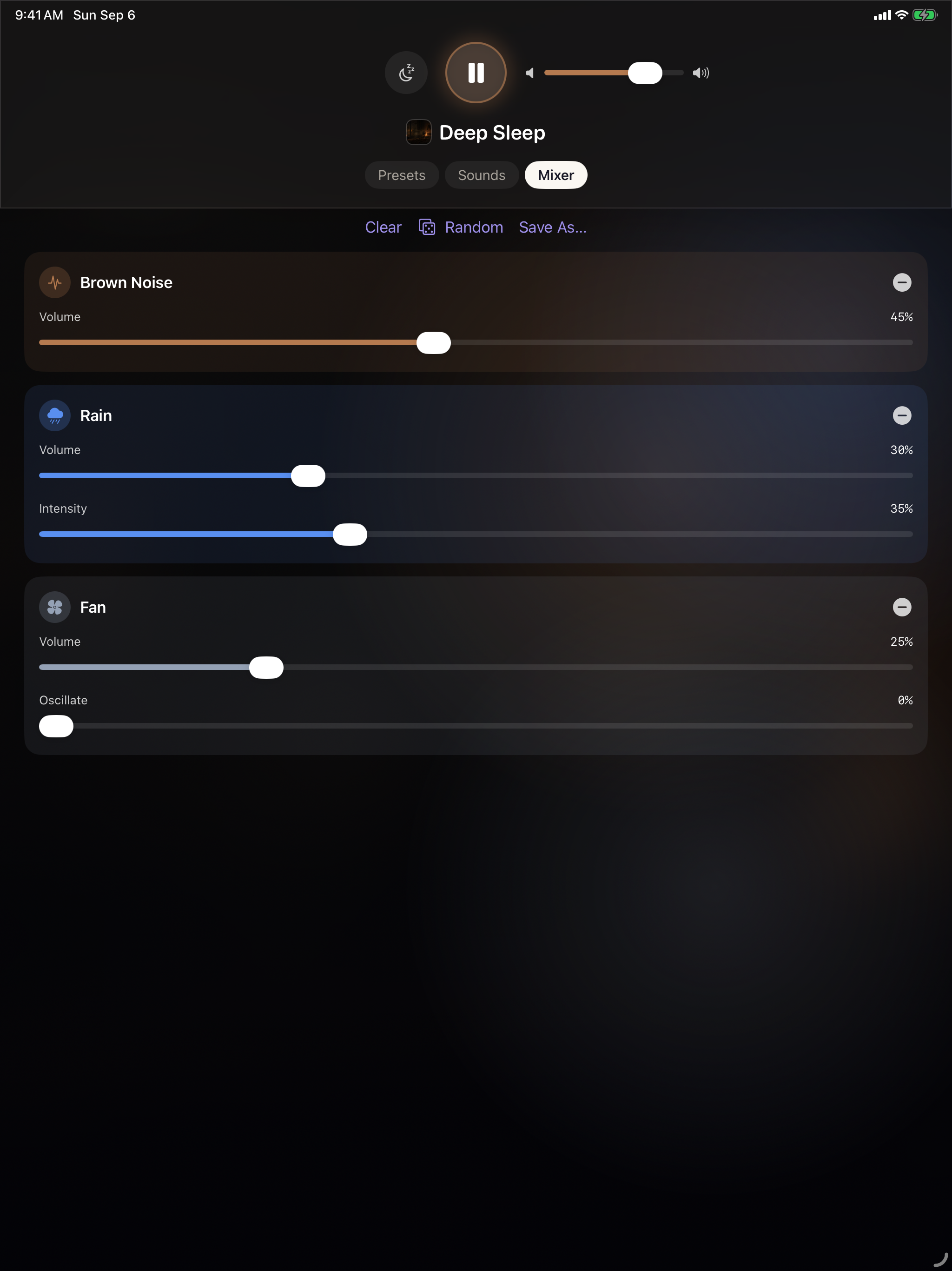 The mixer on iPad &mdash; Deep Sleep&rsquo;s three sounds full width: Brown Noise at 45%, Rain at 30% with intensity at 35%, Fan at 25% with oscillation off
