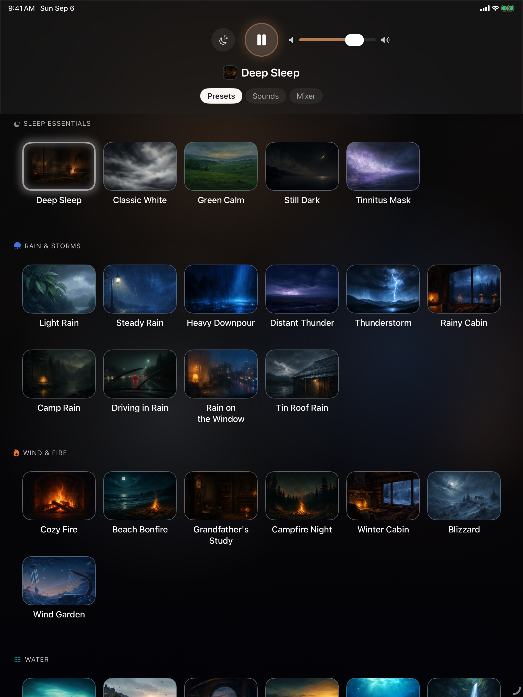 The presets on iPad &mdash; Deep Sleep playing, Sleep Essentials, Rain & Storms, Wind & Fire and Water, from Classic White and Tinnitus Mask through Thunderstorm and Cozy Fire to Blizzard and Wind Garden
