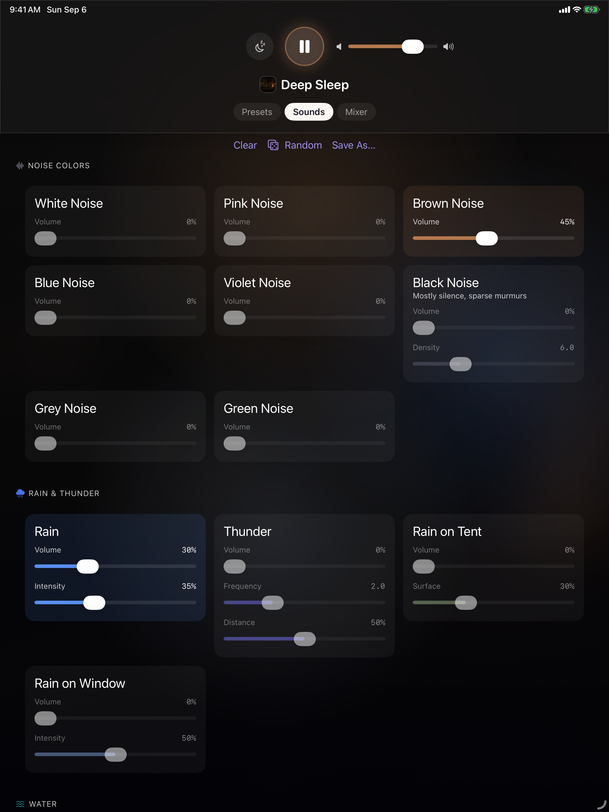 The sounds on iPad while Deep Sleep plays &mdash; three cards across: White through Green Noise, Brown Noise at 45%, Rain at 30% with intensity at 35%, Thunder with frequency and distance, Rain on Tent and Rain on Window
