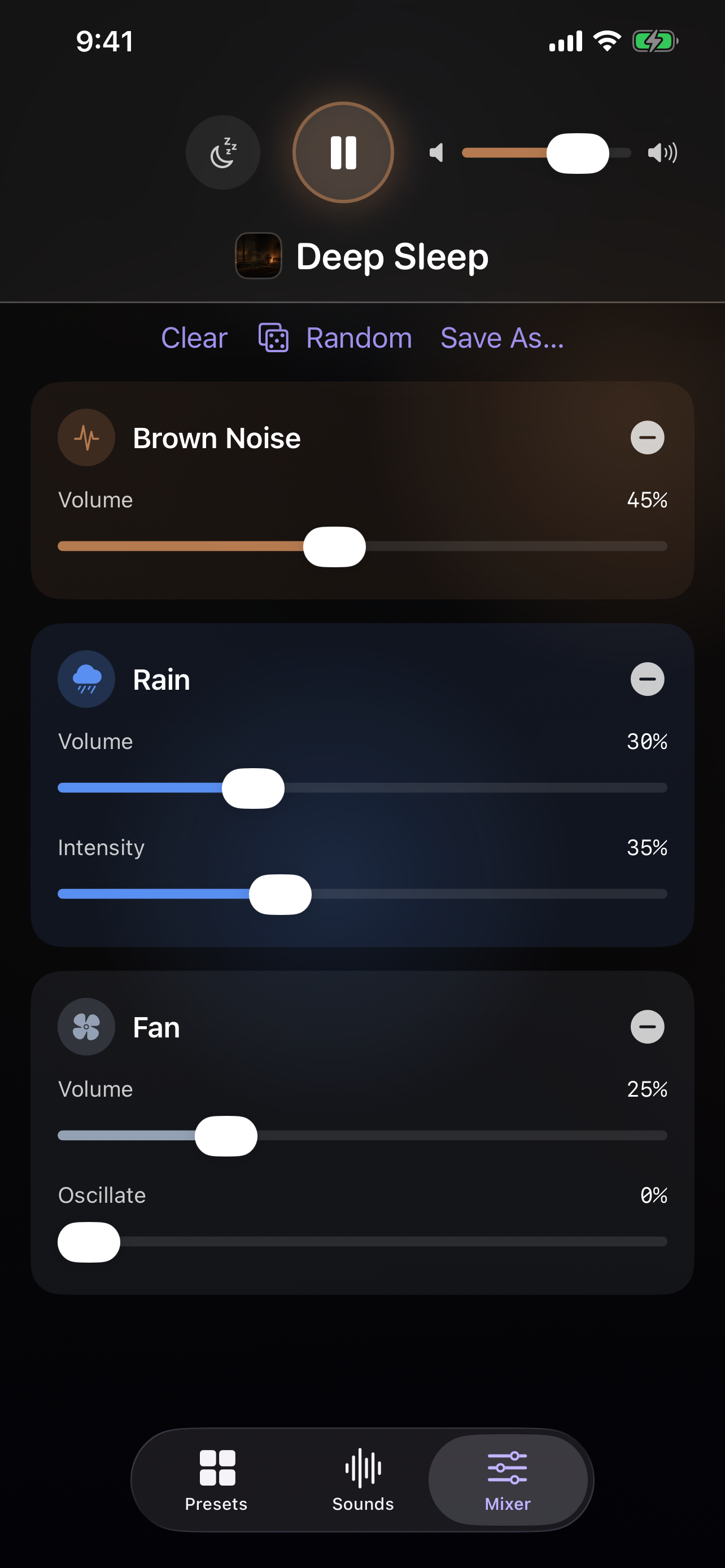The mixer on iPhone &mdash; only the three sounds in Deep Sleep: Brown Noise at 45%, Rain at 30% with intensity at 35%, and Fan at 25% with oscillation off