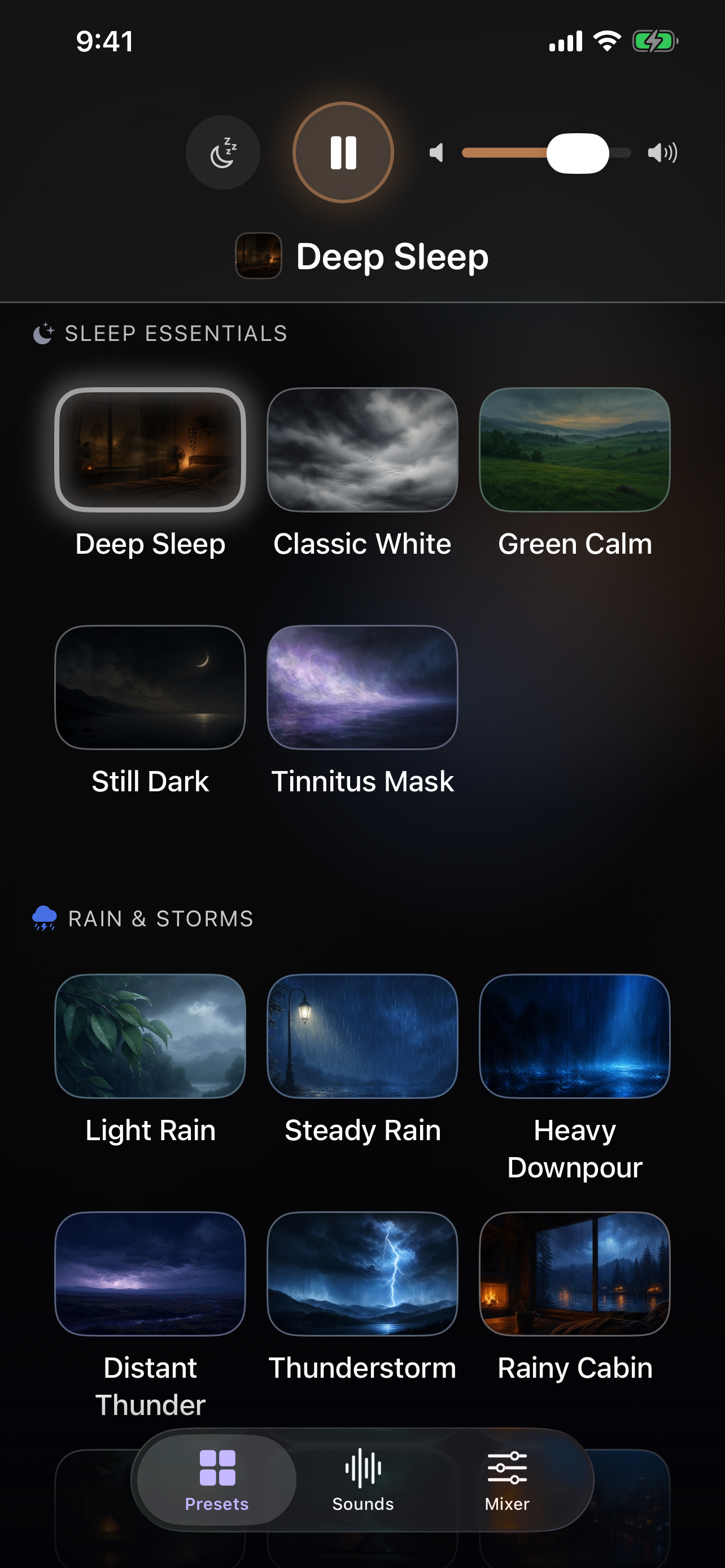 The presets on iPhone &mdash; Deep Sleep playing, its tile glowing, among Sleep Essentials and Rain & Storms tiles from Classic White to Rainy Cabin, under the sleep timer, pause and volume, with Presets, Sounds and Mixer tabs
