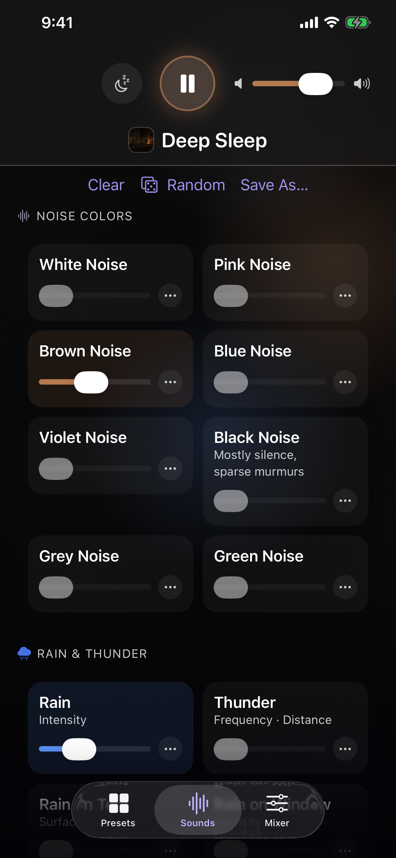 The sounds on iPhone while Deep Sleep plays &mdash; noise colors two across, Brown Noise raised and lit, Rain and Thunder below, with Clear, Random and Save As above