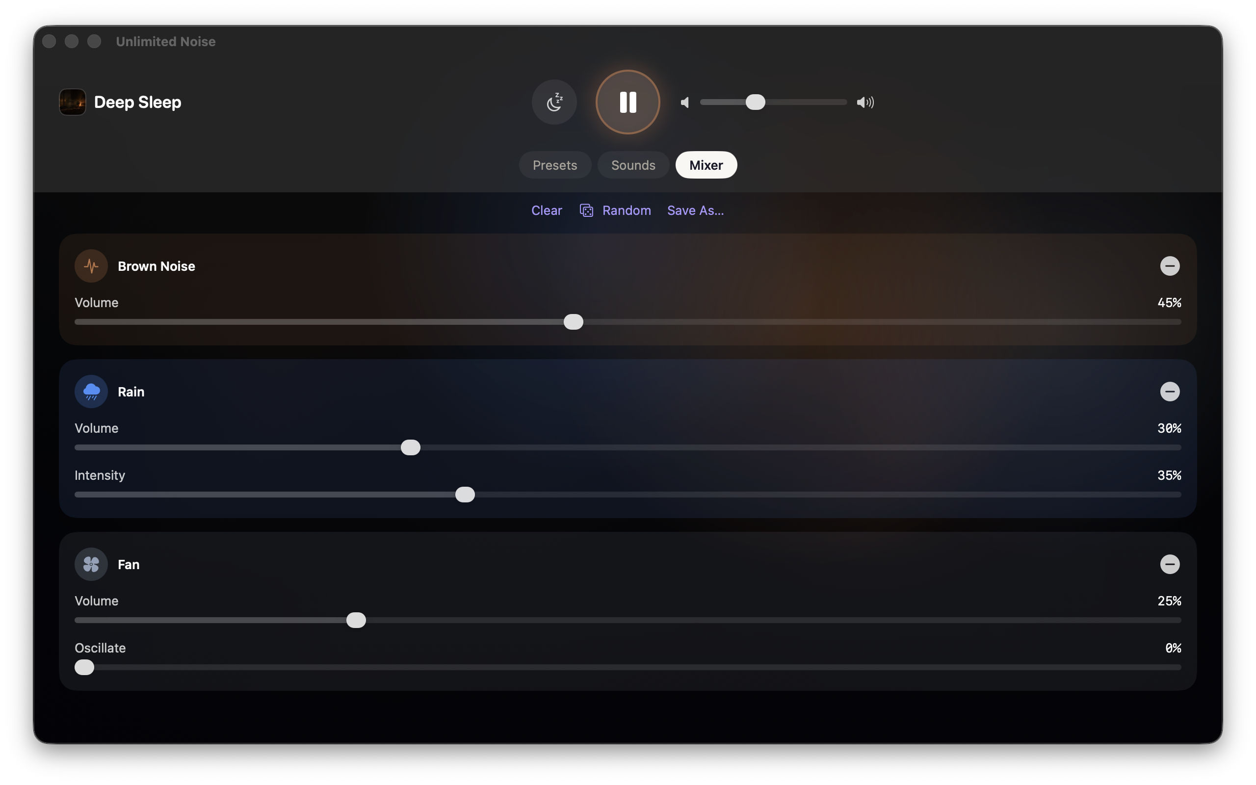 The mixer on the Mac &mdash; Deep Sleep&rsquo;s three sounds full width: Brown Noise at 45%, Rain at 30% with intensity at 35%, Fan at 25% with oscillation off