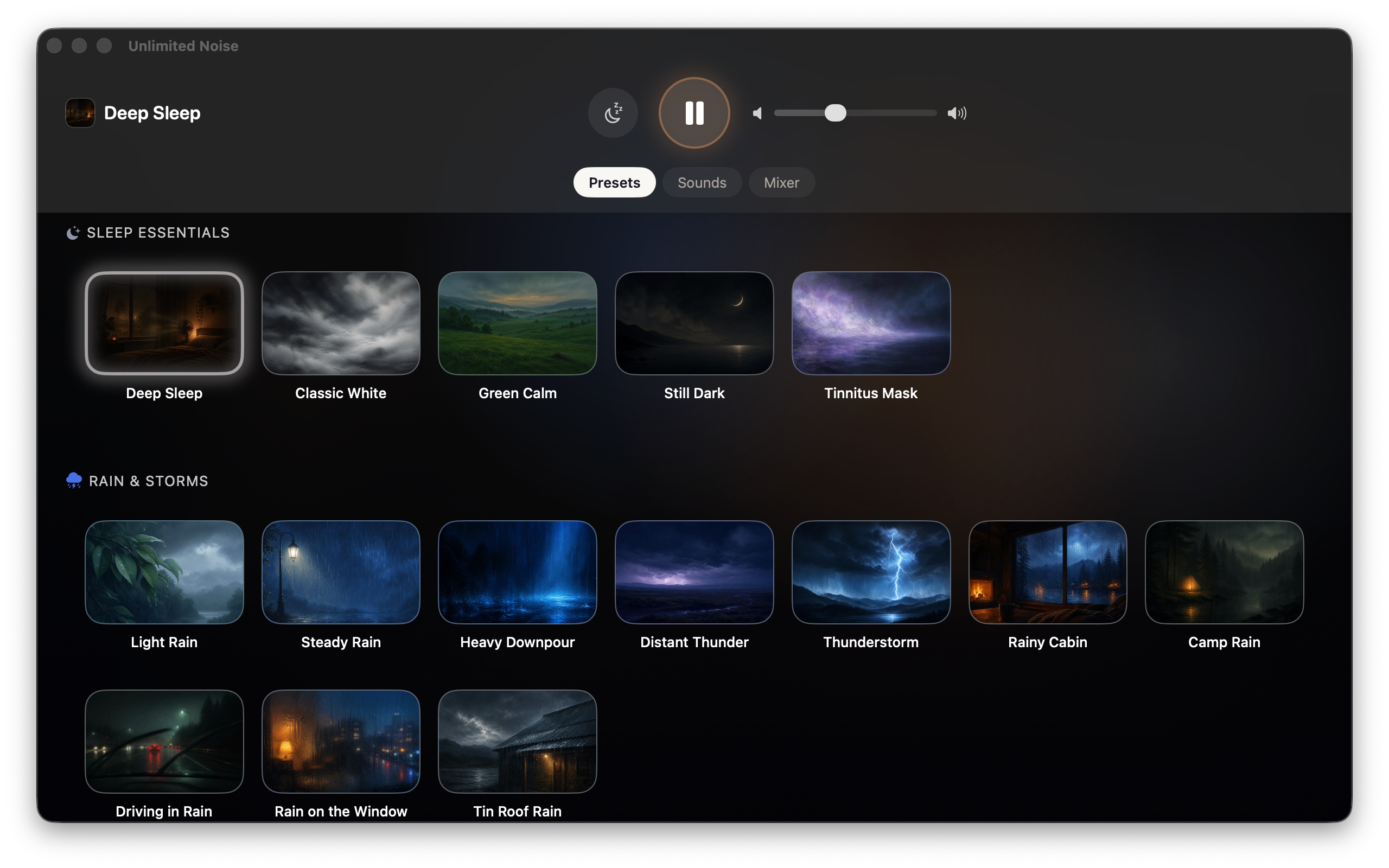 The presets on the Mac &mdash; Deep Sleep playing, its tile glowing, Sleep Essentials across the top from Deep Sleep to Tinnitus Mask, Rain & Storms below from Light Rain through Tin Roof Rain, under the sleep timer, pause and volume