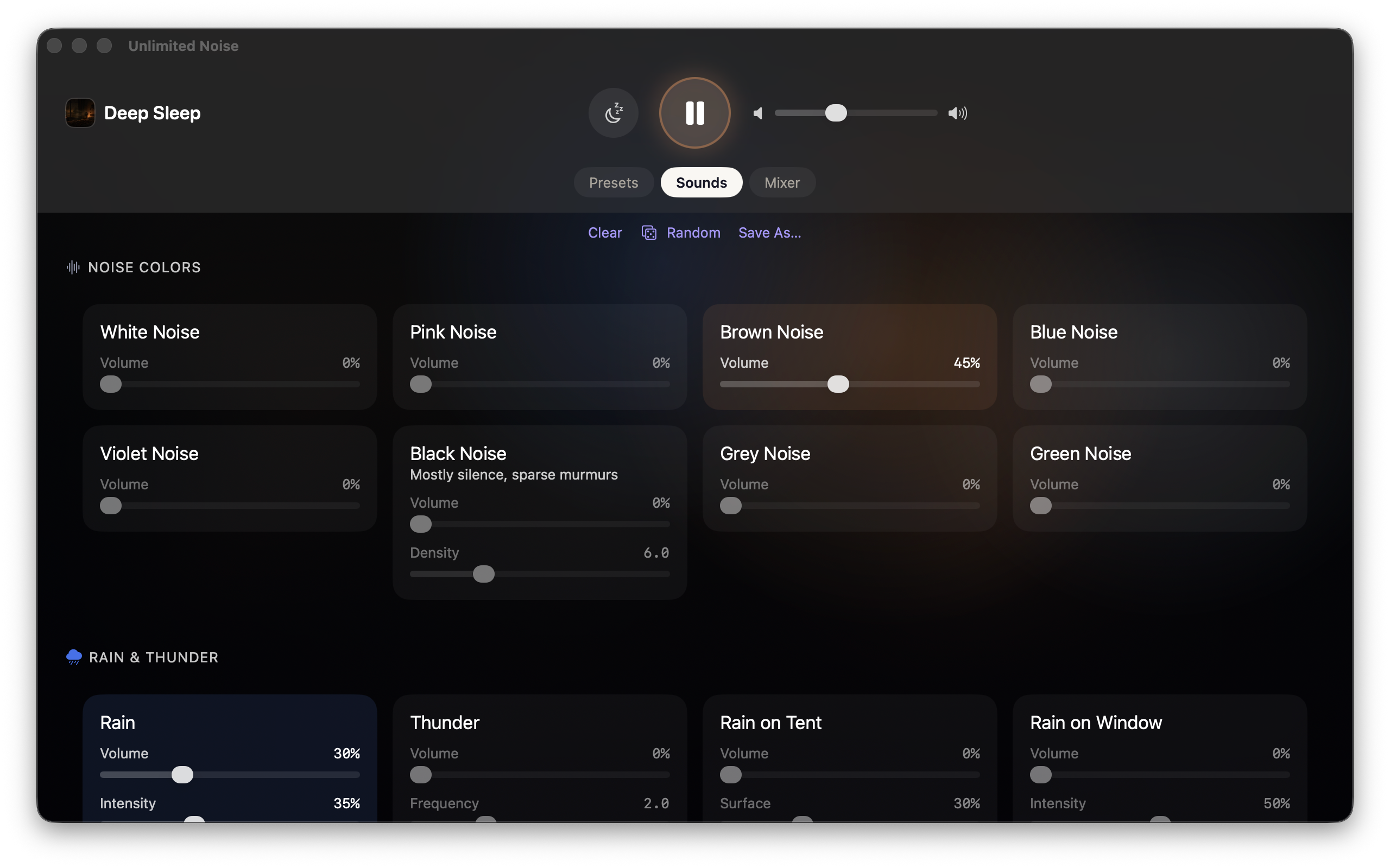 The sounds on the Mac while Deep Sleep plays &mdash; four cards across: White through Green Noise, Brown Noise at 45%, Rain at 30% with intensity at 35%, Thunder, Rain on Tent and Rain on Window, with Clear, Random and Save As above