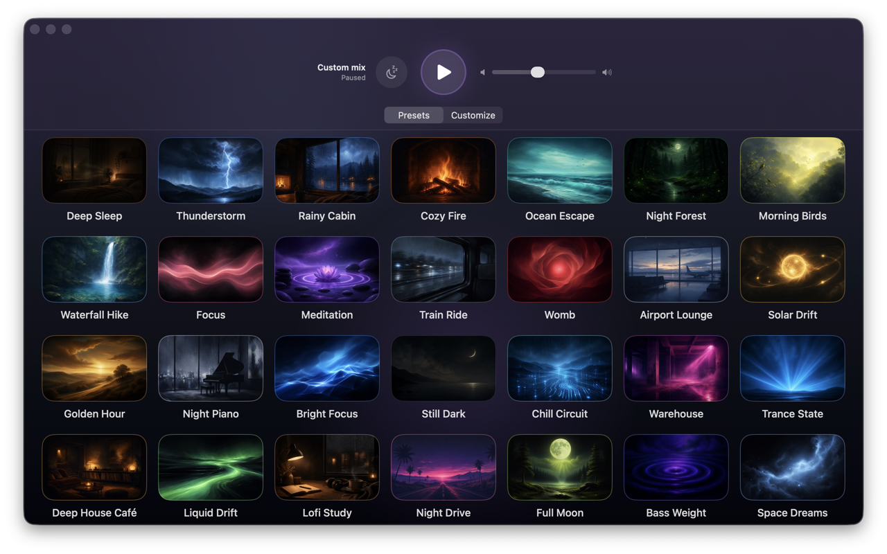 The preset grid — one-tap scenes from Deep Sleep and Thunderstorm to Lofi Study and Wind Garden, with play and sleep-timer controls above