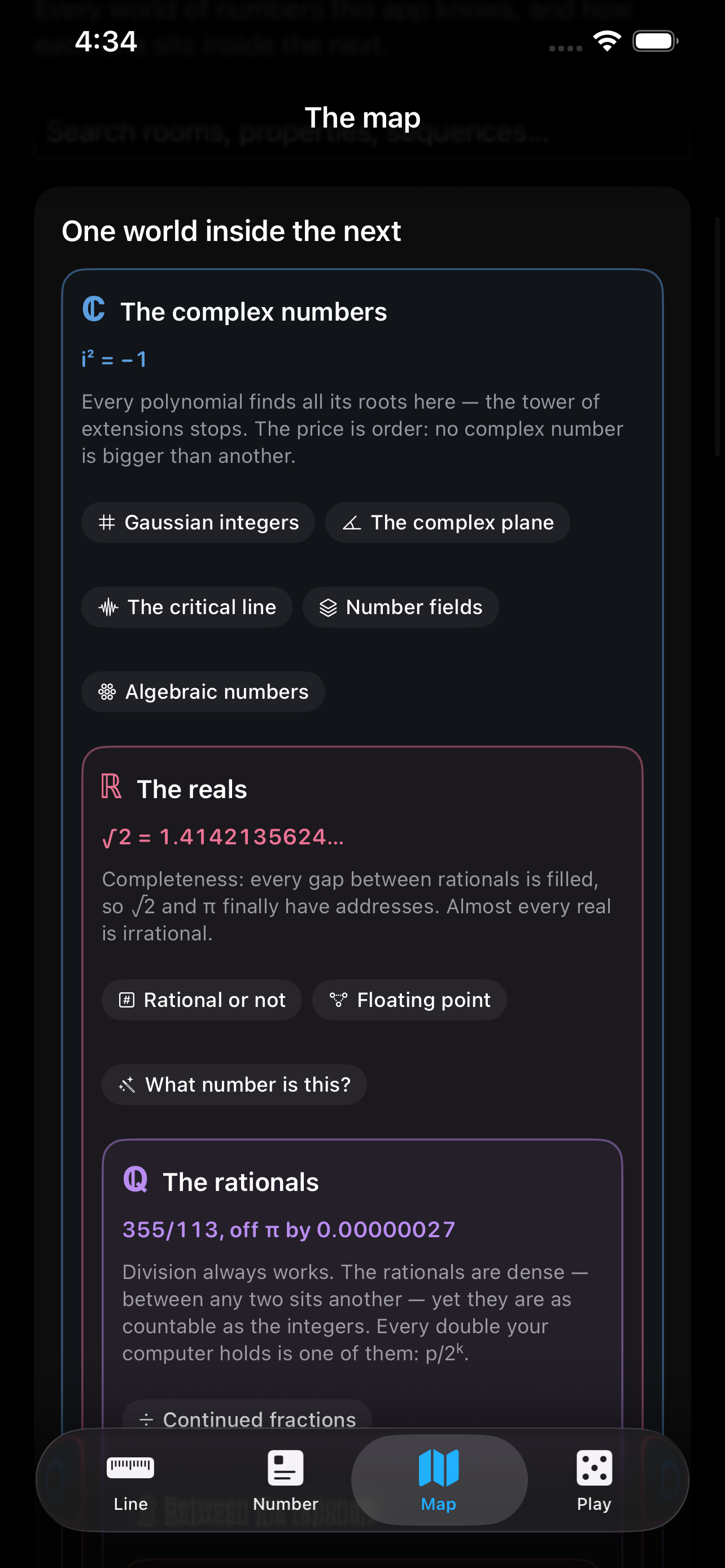 The map on iPhone &mdash; the number systems drawn one inside the next, the complex numbers holding the reals holding the rationals, each with the fact that defines it: i&sup2; = &minus;1 and every polynomial finding all its roots, &radic;2 = 1.4142135624&hellip; and completeness filling every gap, 355/113 sitting 0.00000027 off &pi; while the rationals stay countable