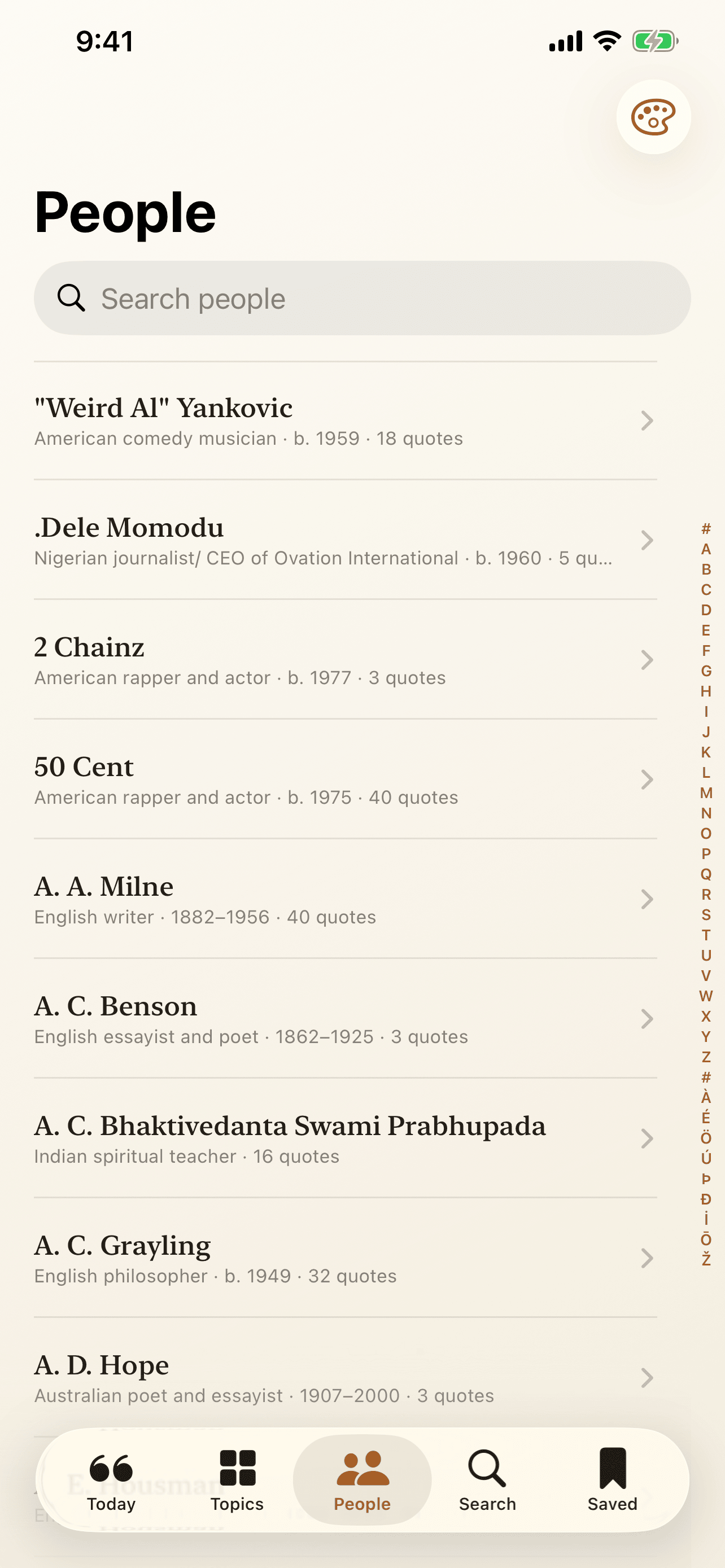 People on iPhone: the library alphabetically, with an A to Z rail