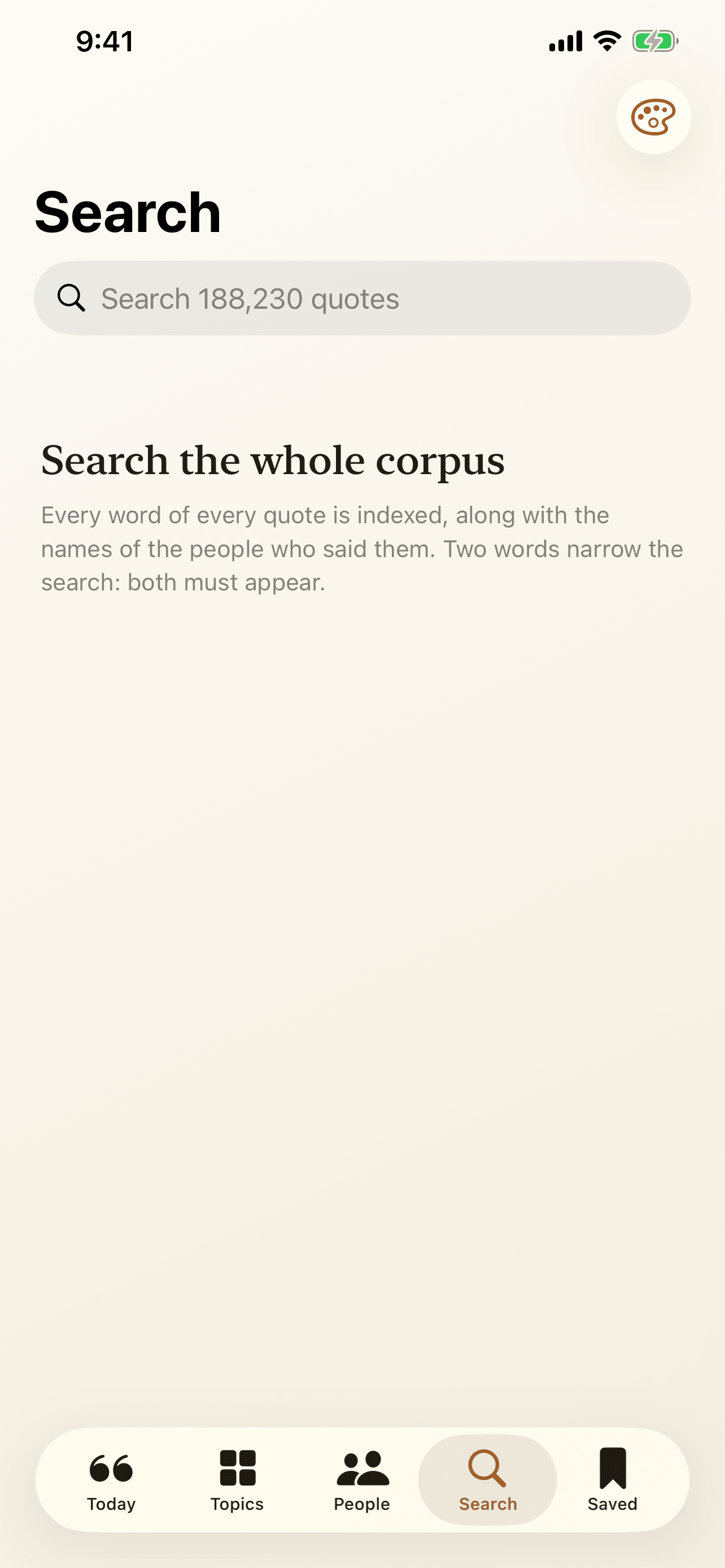 Search on iPhone: every word of every quotation is indexed, along with the names of the people who said them