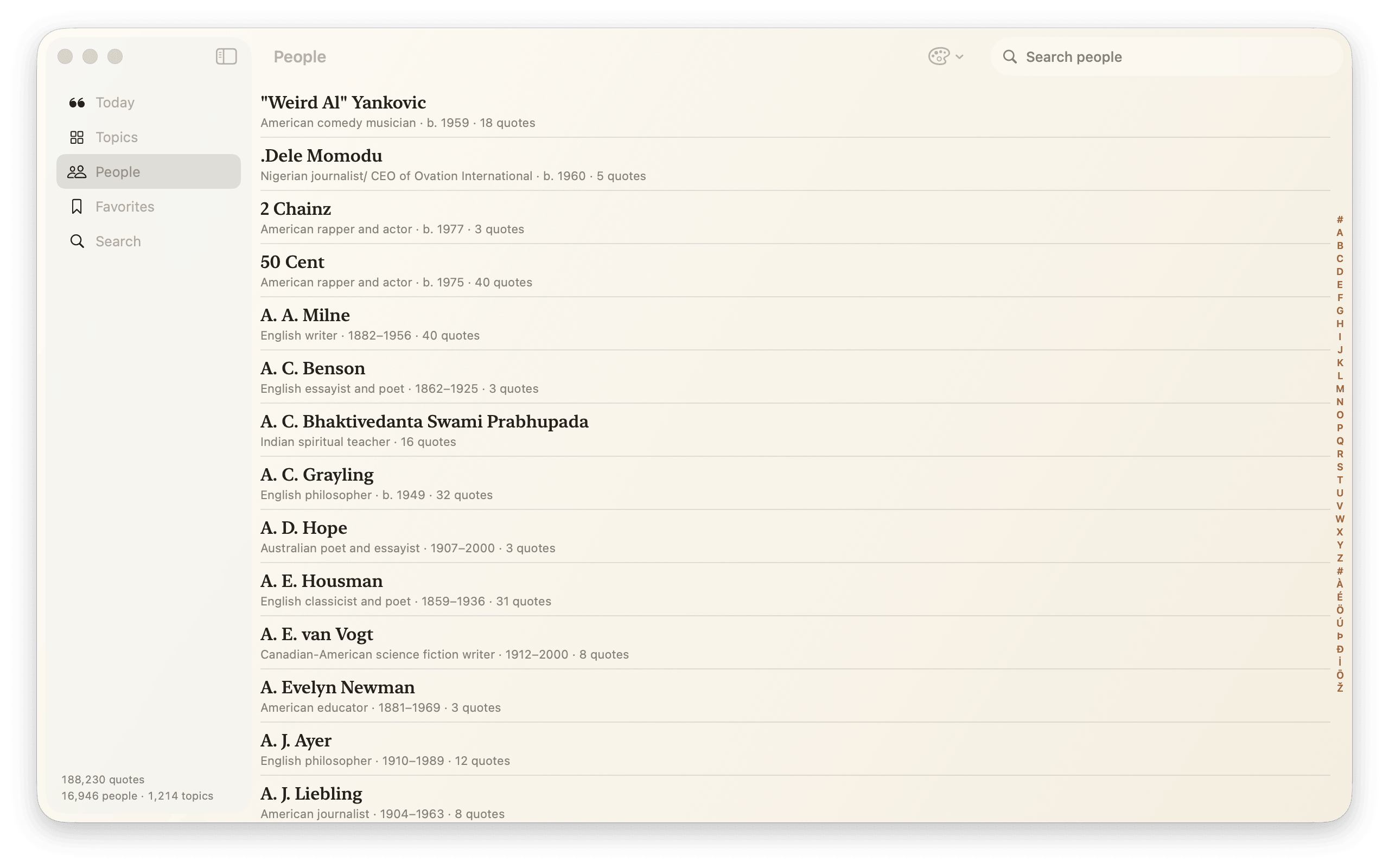 People on Mac: the library alphabetically, with an A to Z rail